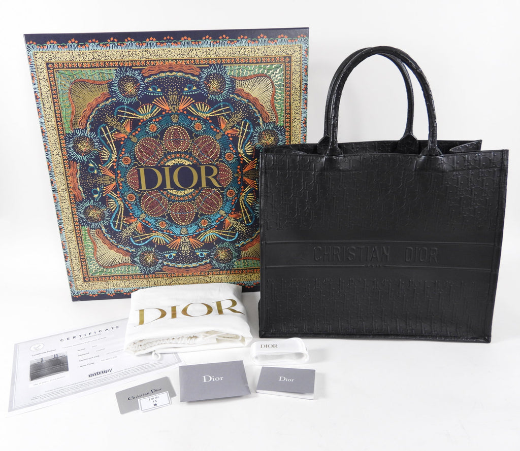 Dior Black Leather Embossed Large Book Tote Bag