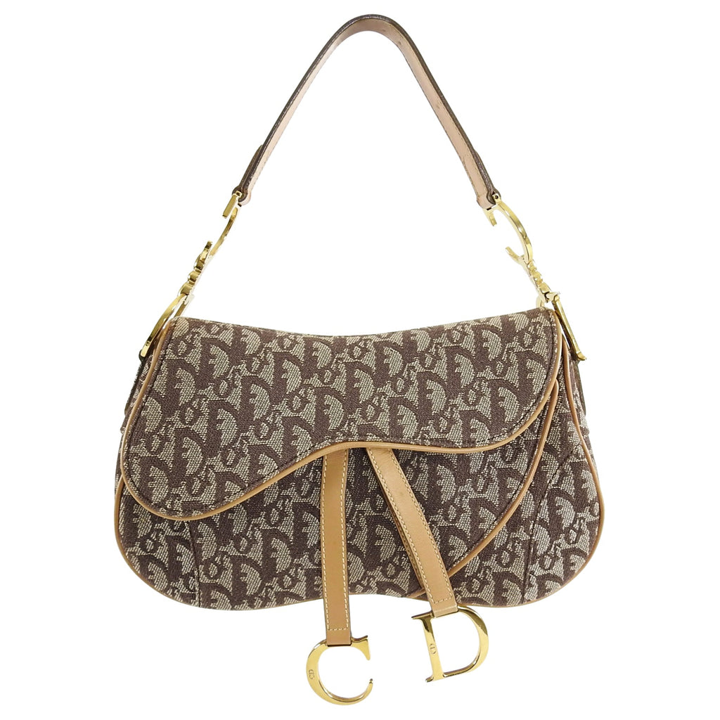 Christian Dior Vintage 2000 Brown Monogram Logo Double Saddle Bag