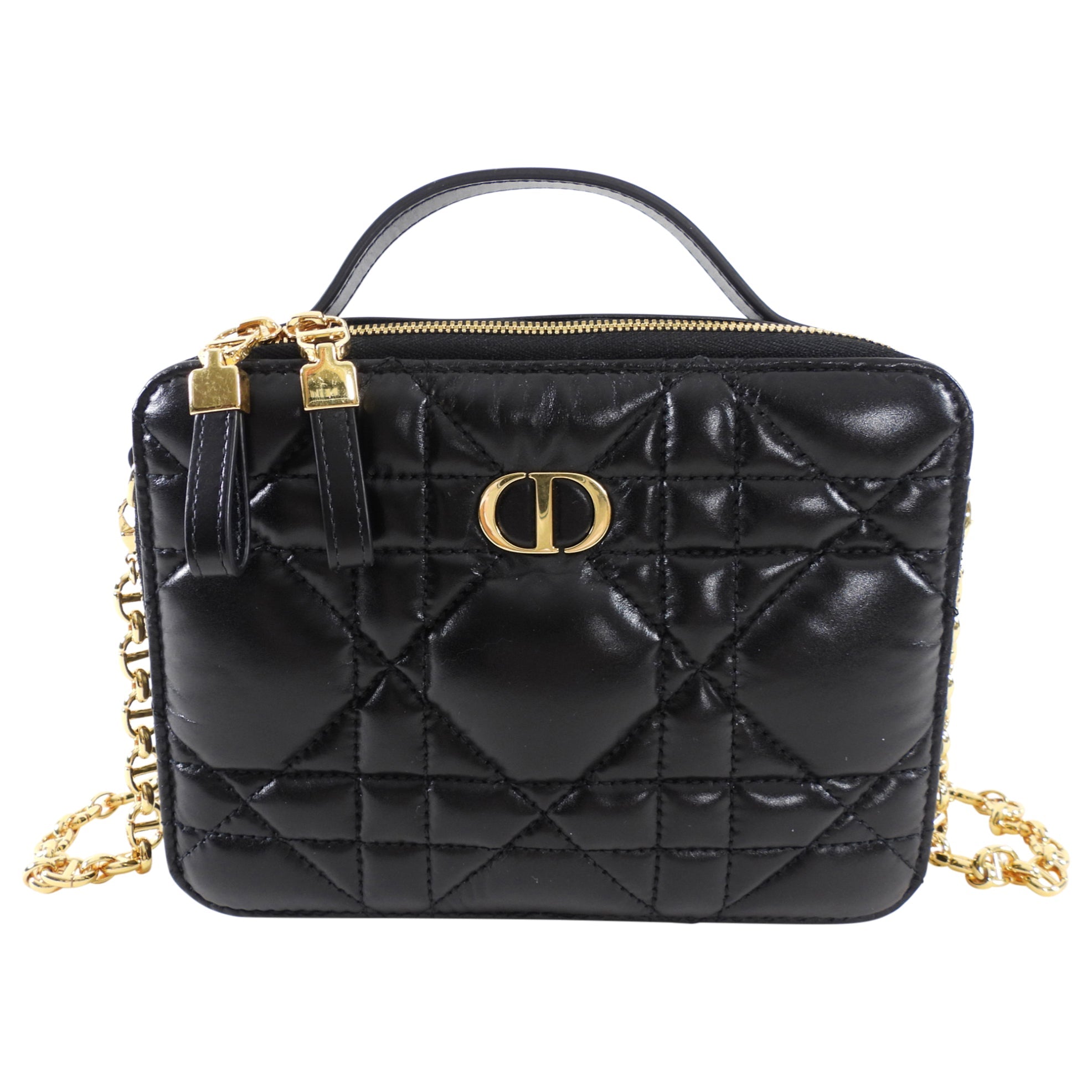 Dior Black Calfskin Cannage Box Caro Pouch Crossbody Zip Bag