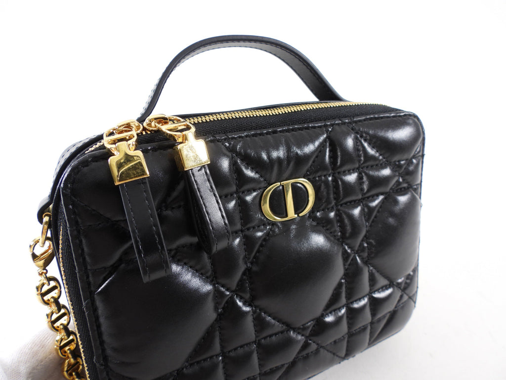 Dior Black Calfskin Cannage Box Caro Pouch Crossbody Zip Bag