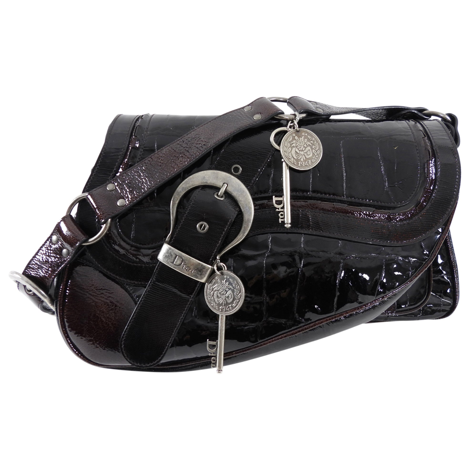 Christian Dior by John Galliano Vintage 2007 Patent Embossed Gaucho Bag