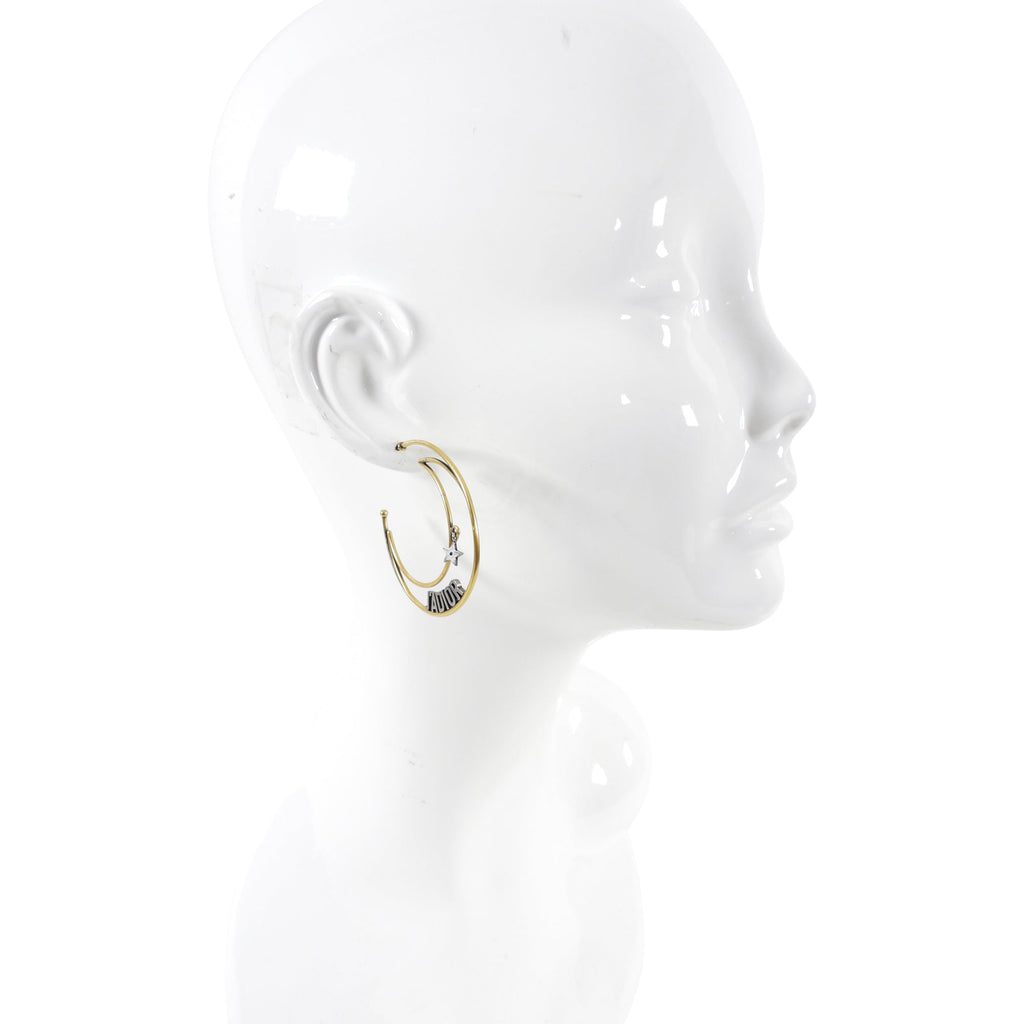Dior J’Adior Brass Moon Star Logo Hoop Earrings