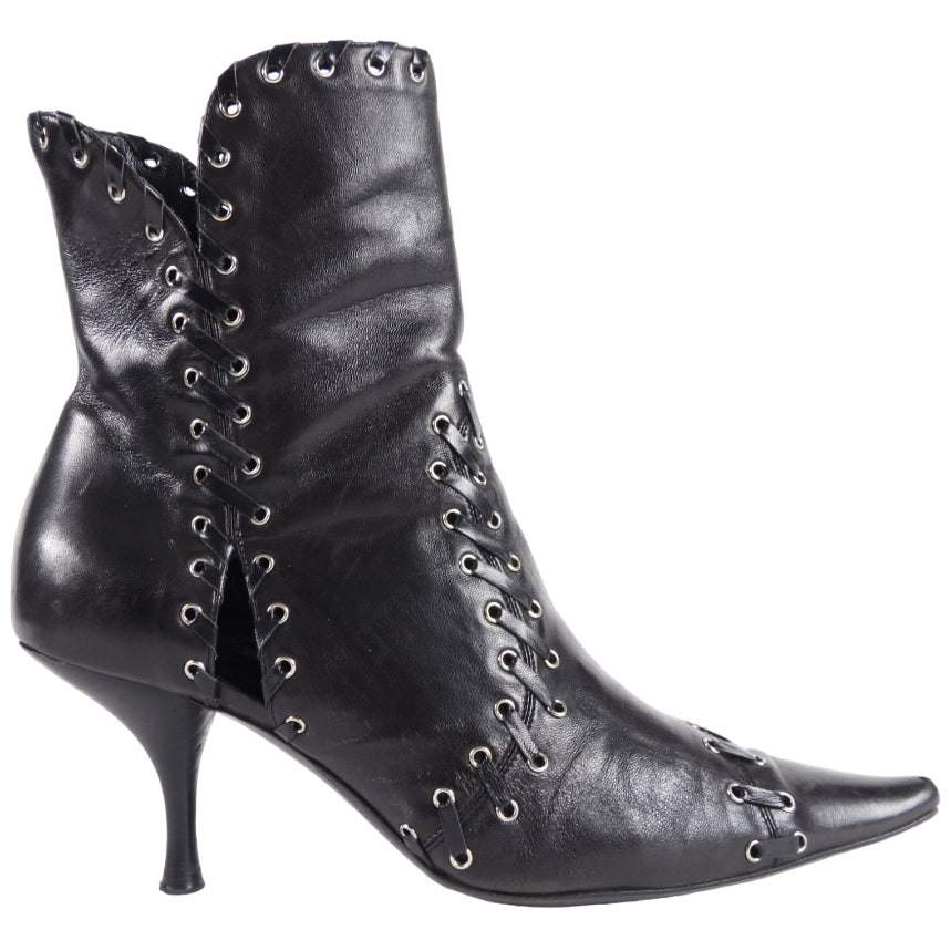 Christian Dior x Galliano Vintage Black Grommet Lace Up Pointy Ankle Boot - 39 / 8.5
