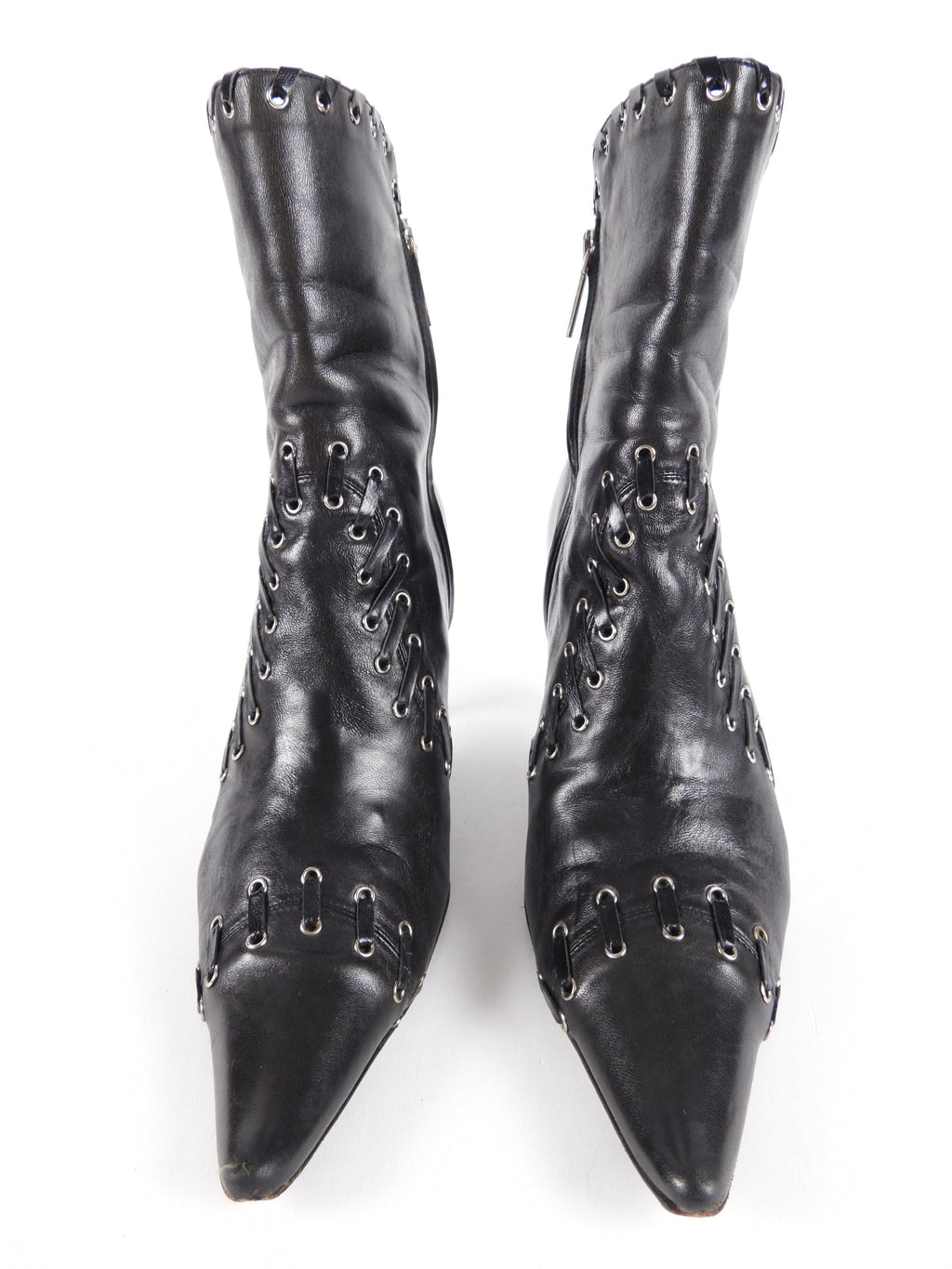 Christian Dior x Galliano Vintage Black Grommet Lace Up Pointy Ankle Boot - 39 / 8.5