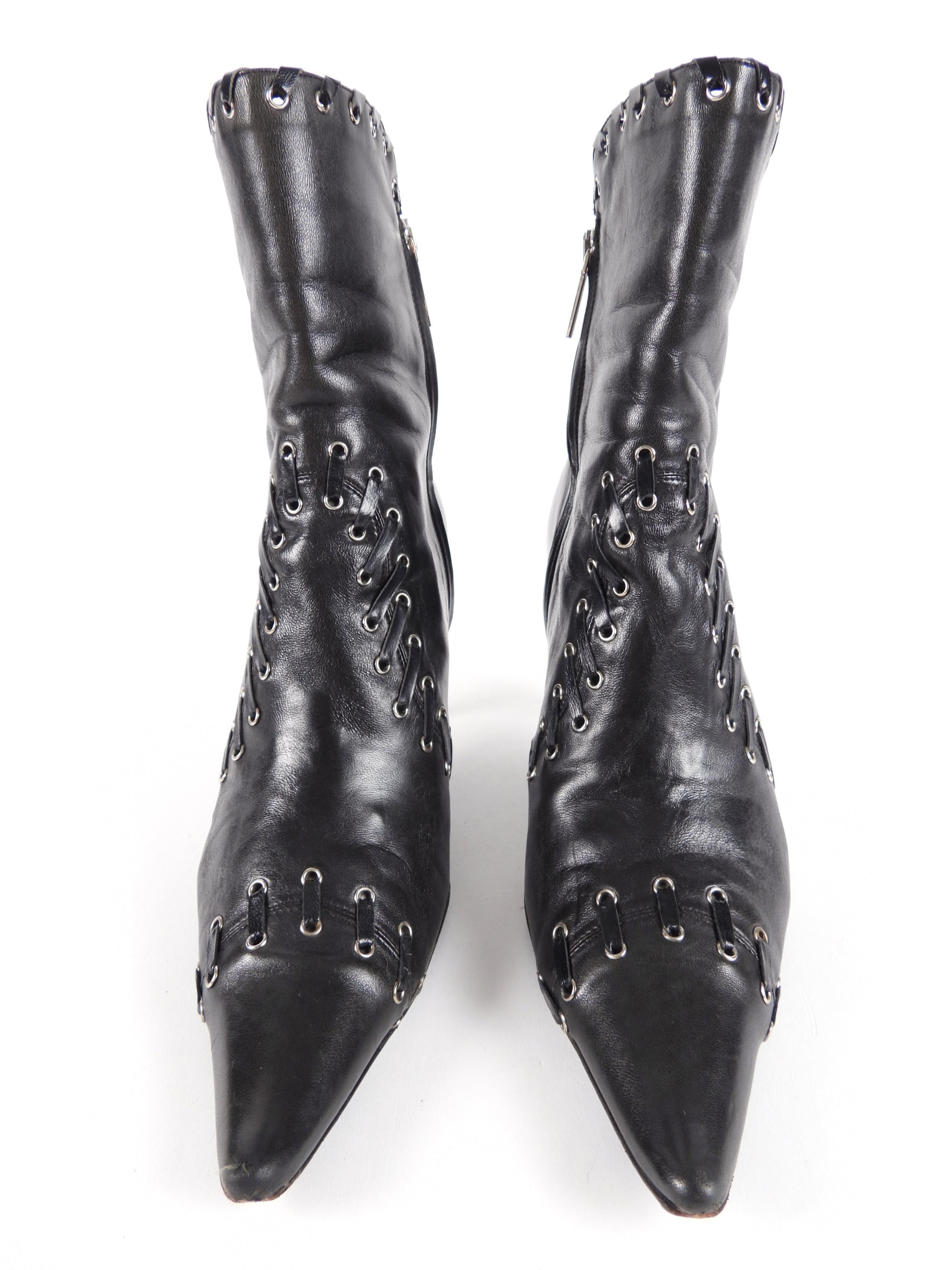 Christian Dior x Galliano Vintage Black Grommet Lace Up Pointy Ankle Boot - 39 / 8.5