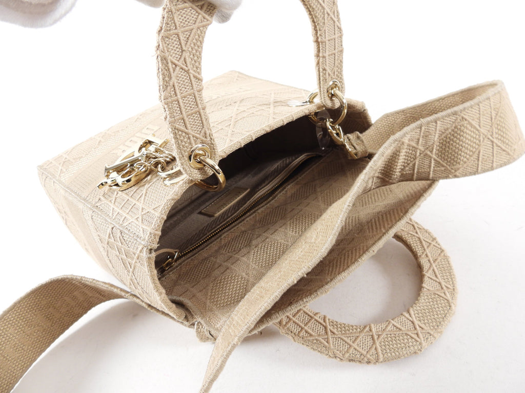 Christian Dior Lady D-Lite Medium Beige Canvas Embroidered Bag