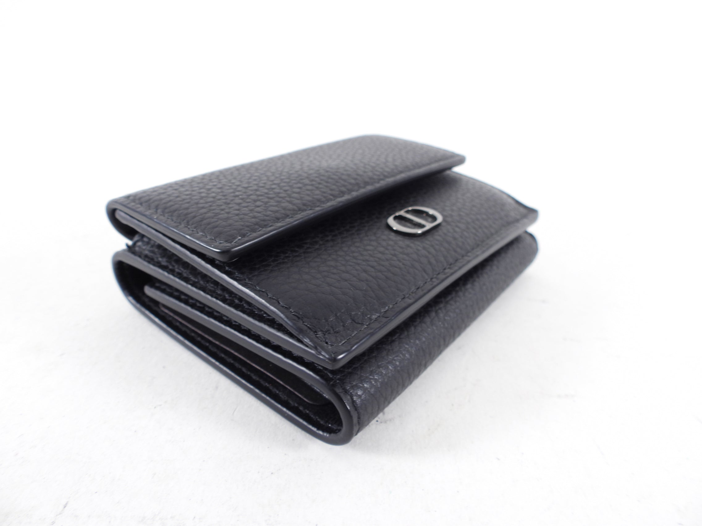 Christian Dior CD Icon Black Grained Leather Trifold Compact Wallet