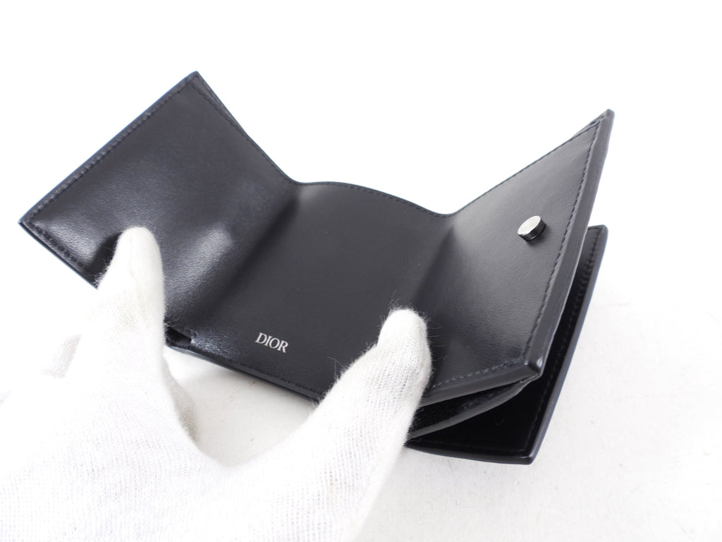 Christian Dior CD Icon Black Grained Leather Trifold Compact Wallet