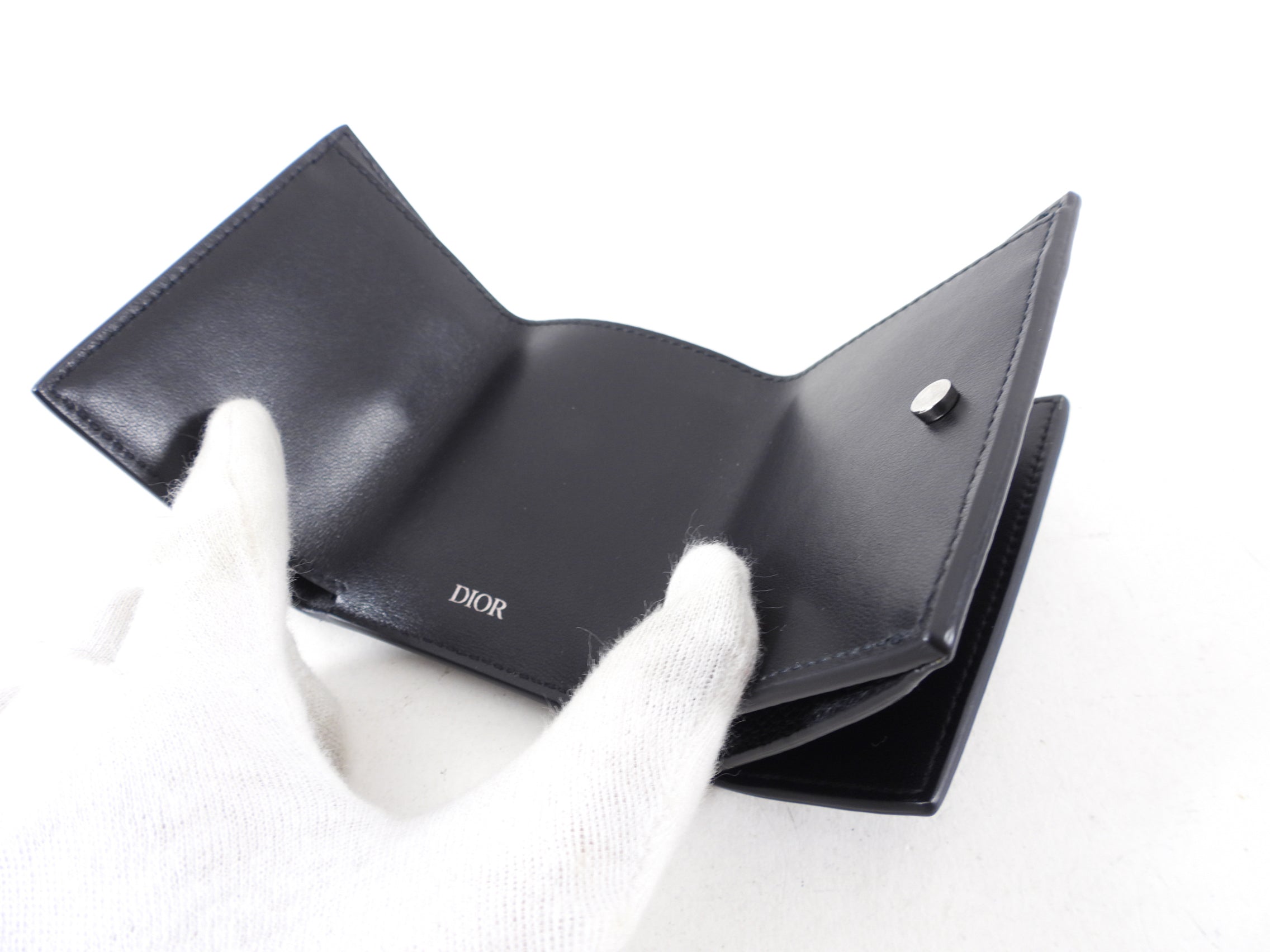 Christian Dior CD Icon Black Grained Leather Trifold Compact Wallet