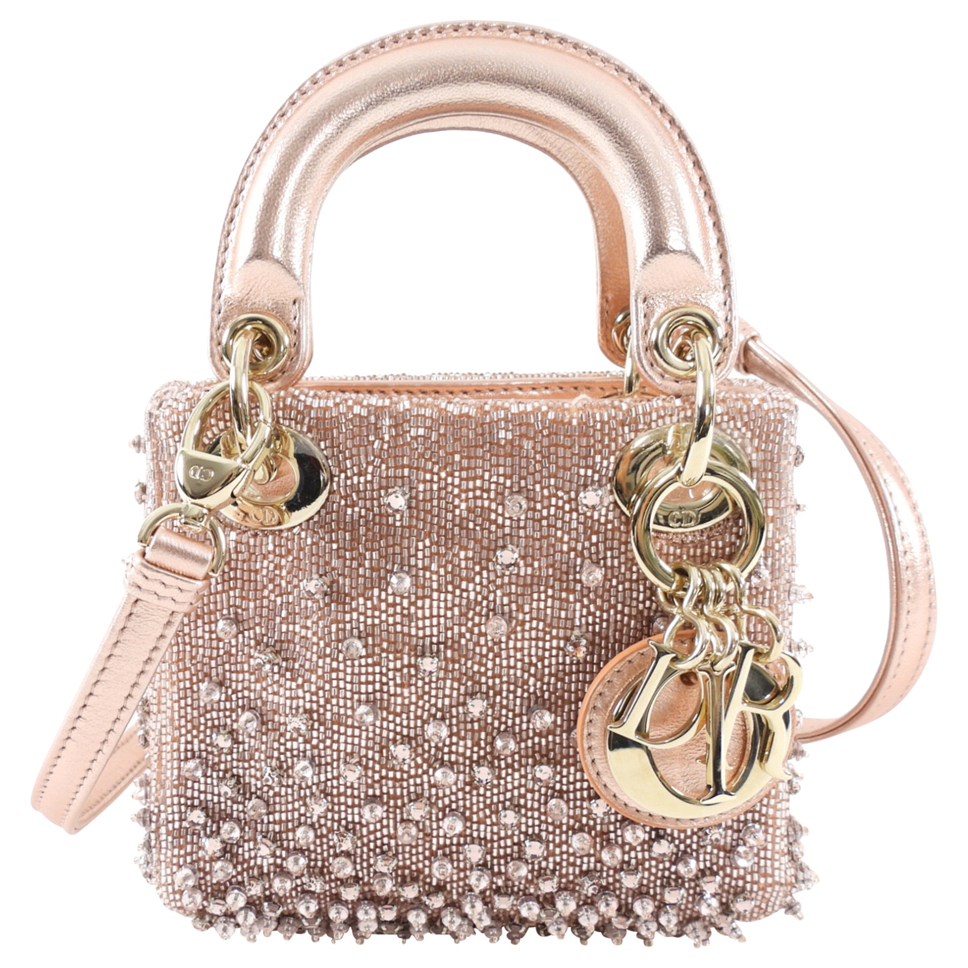 Dior Lady Dior Pink Metallic Leather Bead Crystal Embroidered Micro Bag