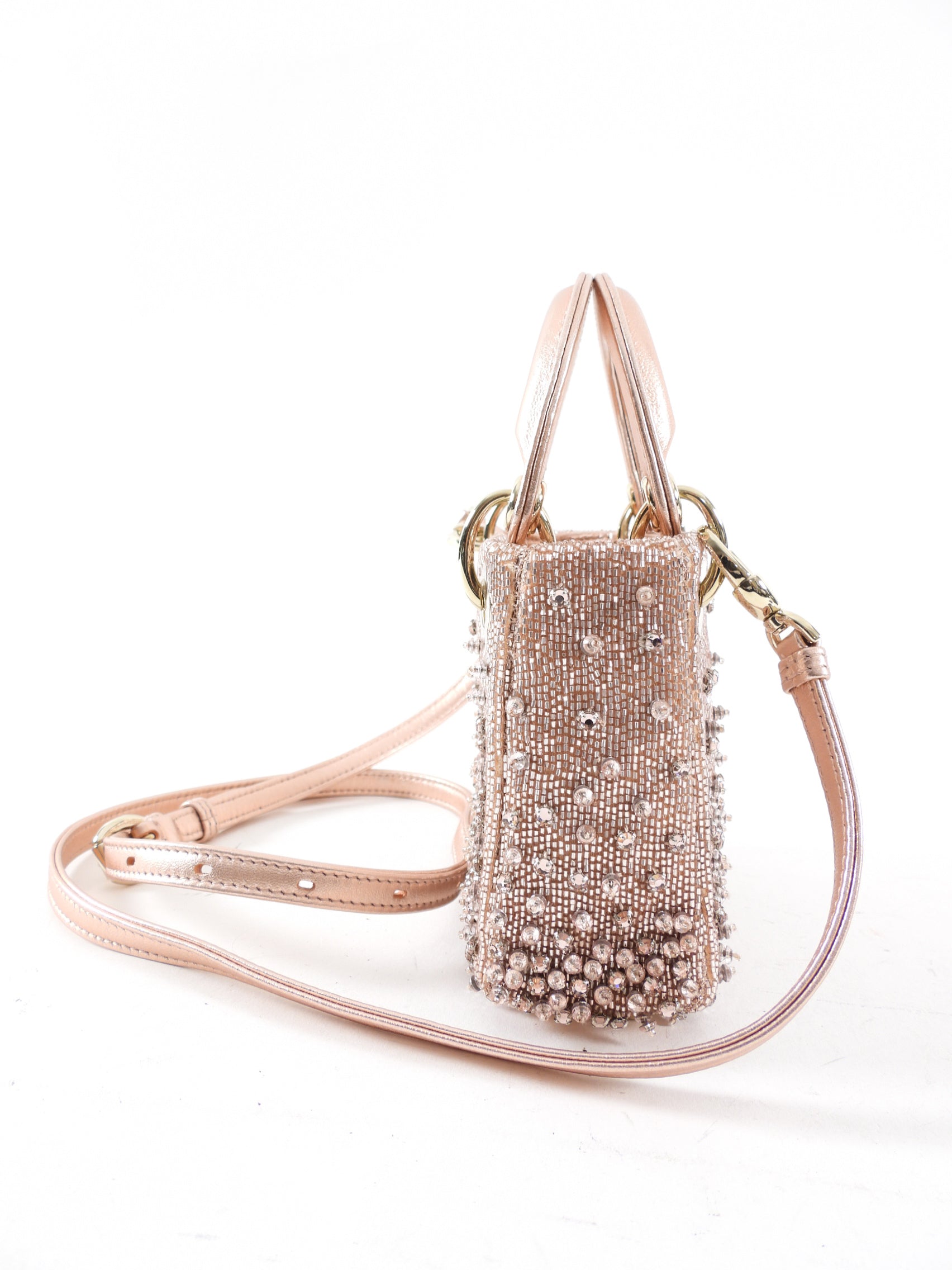 Dior Lady Dior Pink Metallic Leather Bead Crystal Embroidered Micro Bag