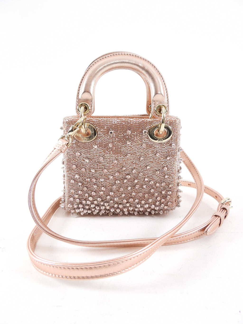 Dior Lady Dior Pink Metallic Leather Bead Crystal Embroidered Micro Bag