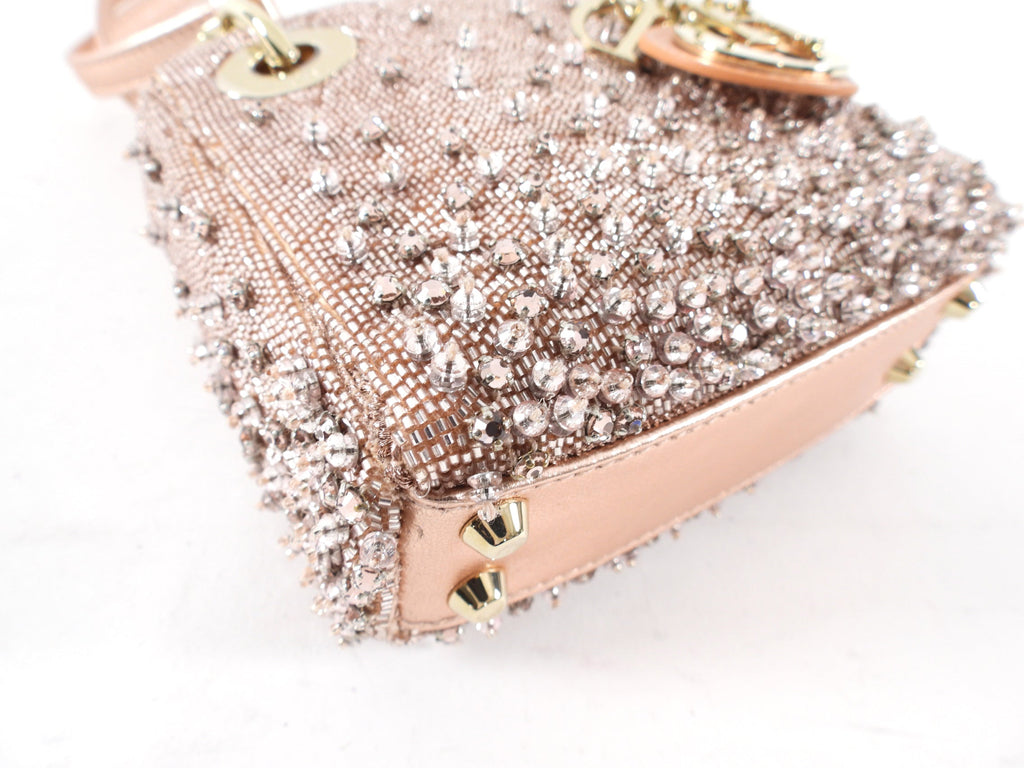 Dior Lady Dior Pink Metallic Leather Bead Crystal Embroidered Micro Bag