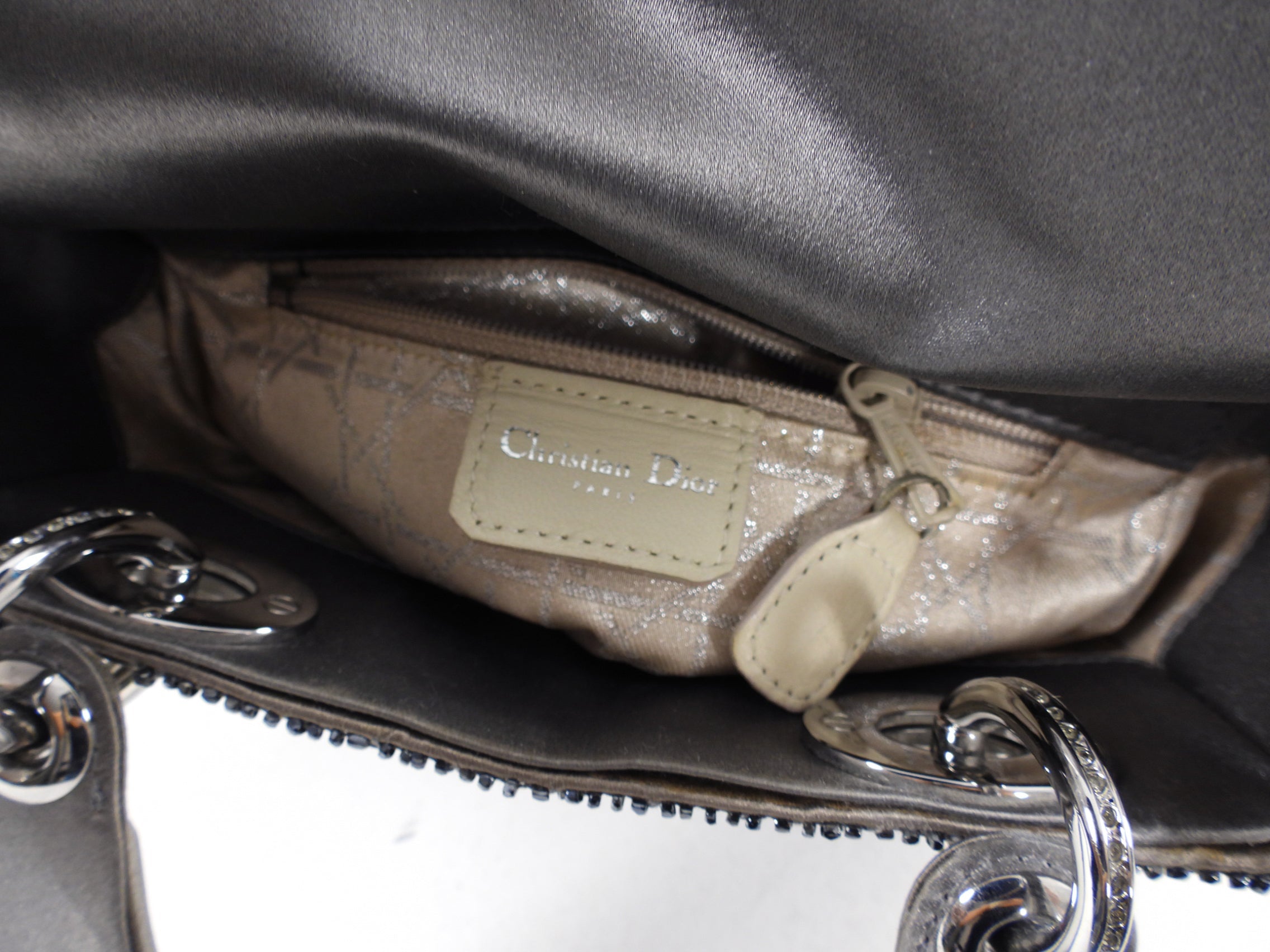 Dior Vintage Grey Satin Mini Beaded Strass Crystal Lady Dior Bag