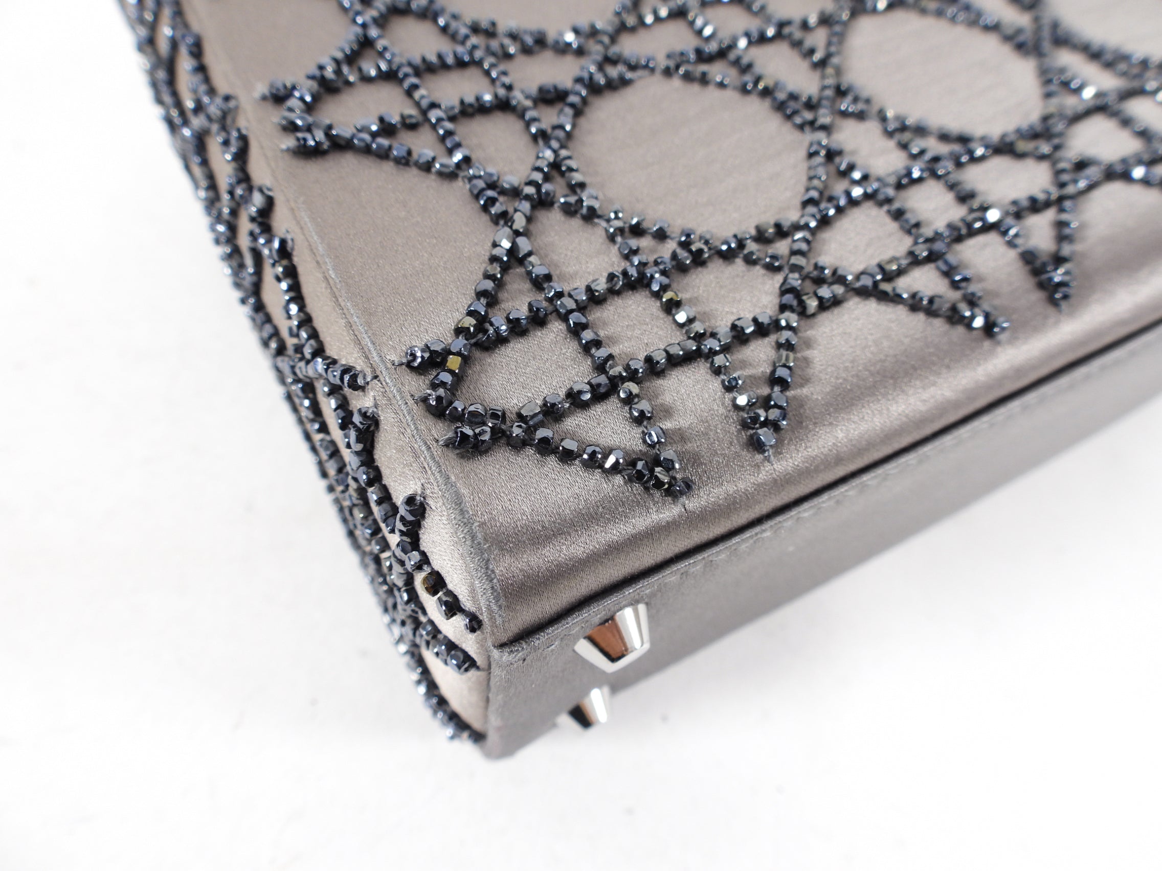 Dior Vintage Grey Satin Mini Beaded Strass Crystal Lady Dior Bag