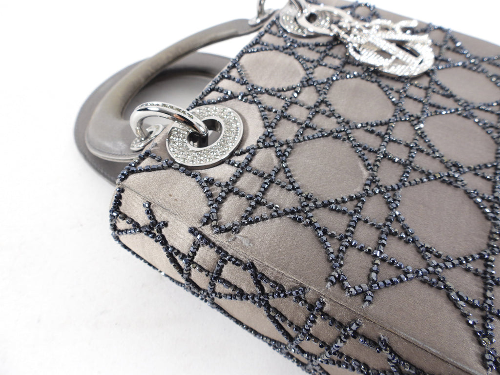 Dior Vintage Grey Satin Mini Beaded Strass Crystal Lady Dior Bag