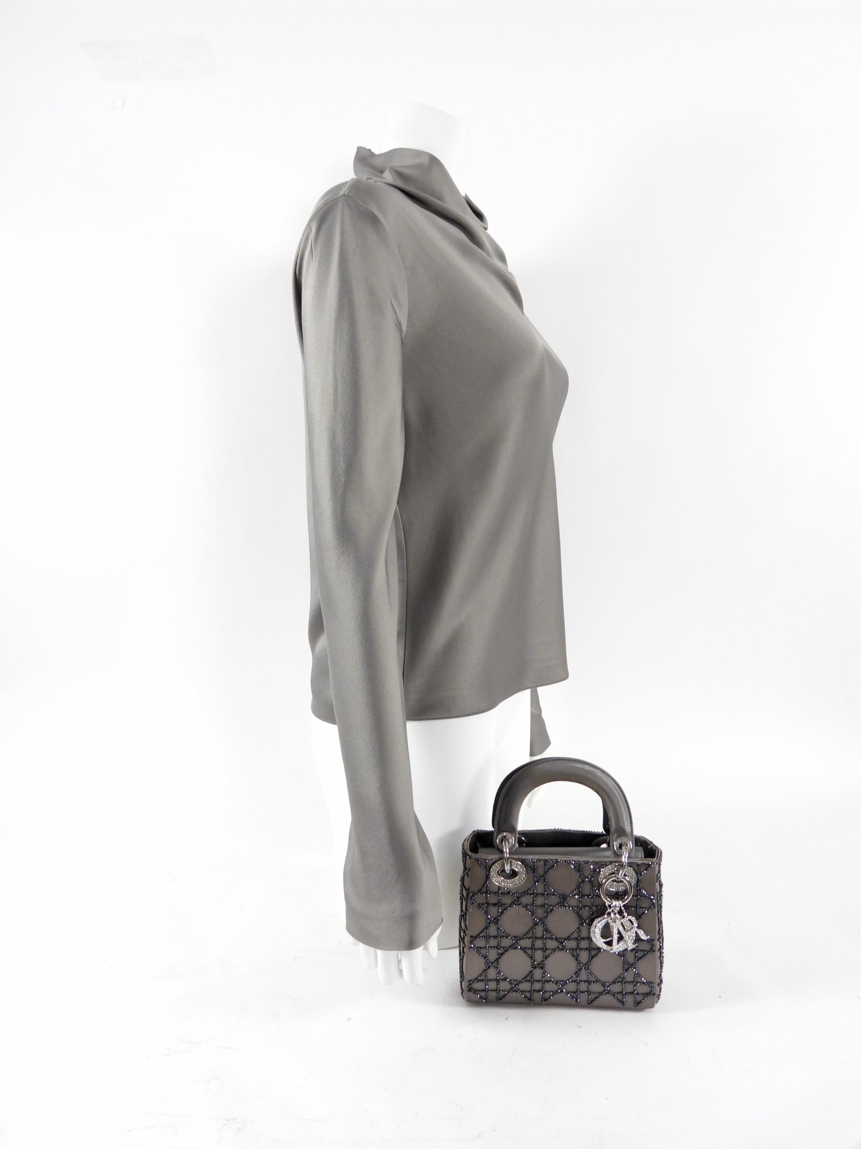 Dior Vintage Grey Satin Mini Beaded Strass Crystal Lady Dior Bag