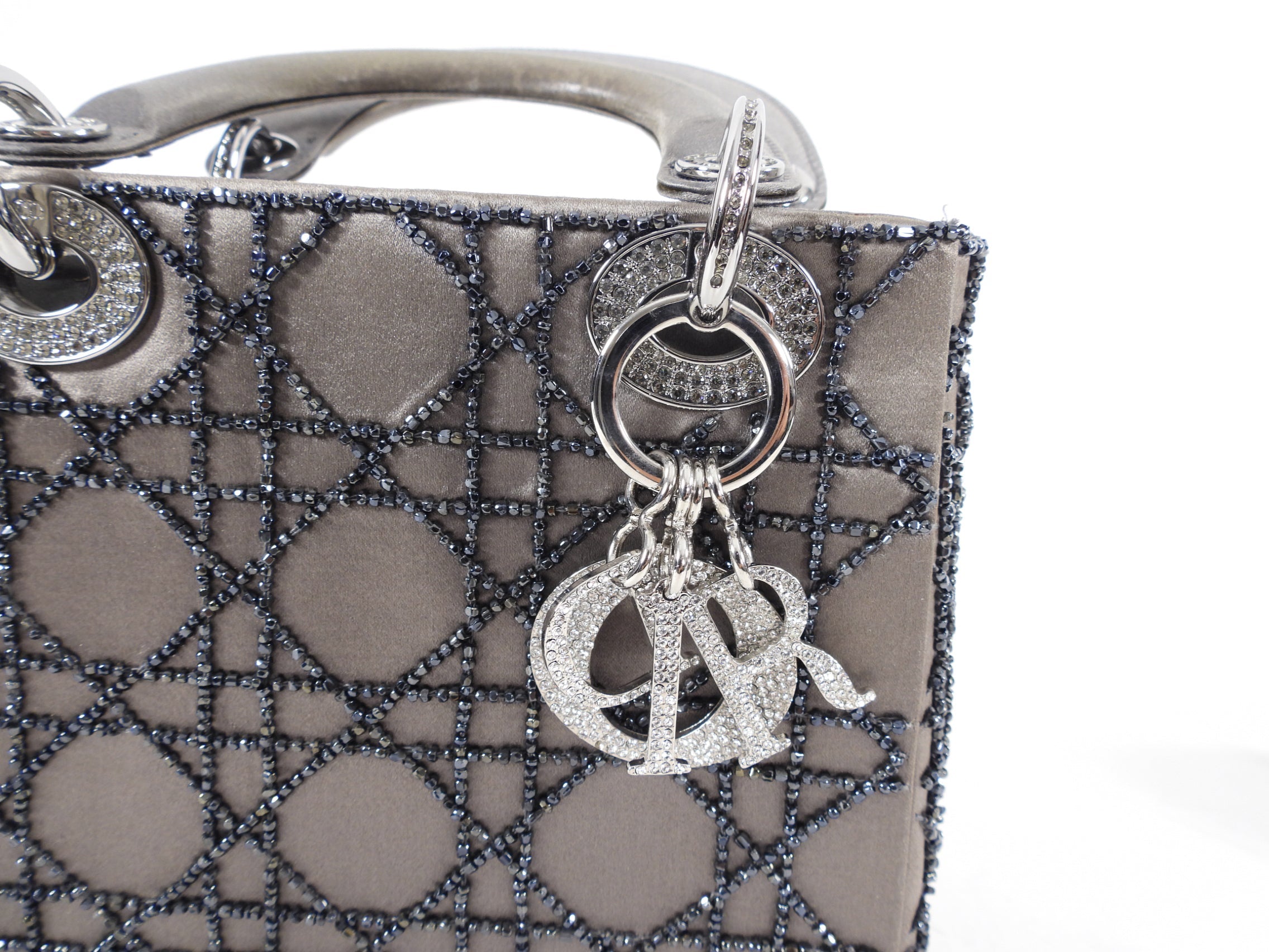 Dior Vintage Grey Satin Mini Beaded Strass Crystal Lady Dior Bag