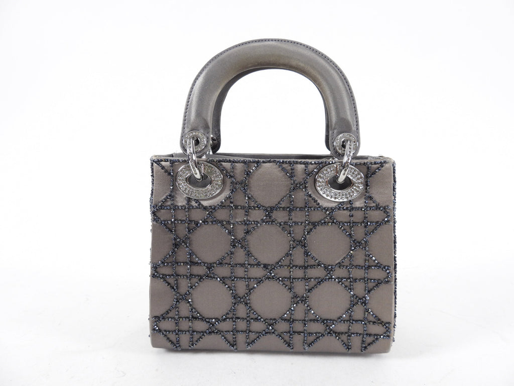 Dior Vintage Grey Satin Mini Beaded Strass Crystal Lady Dior Bag