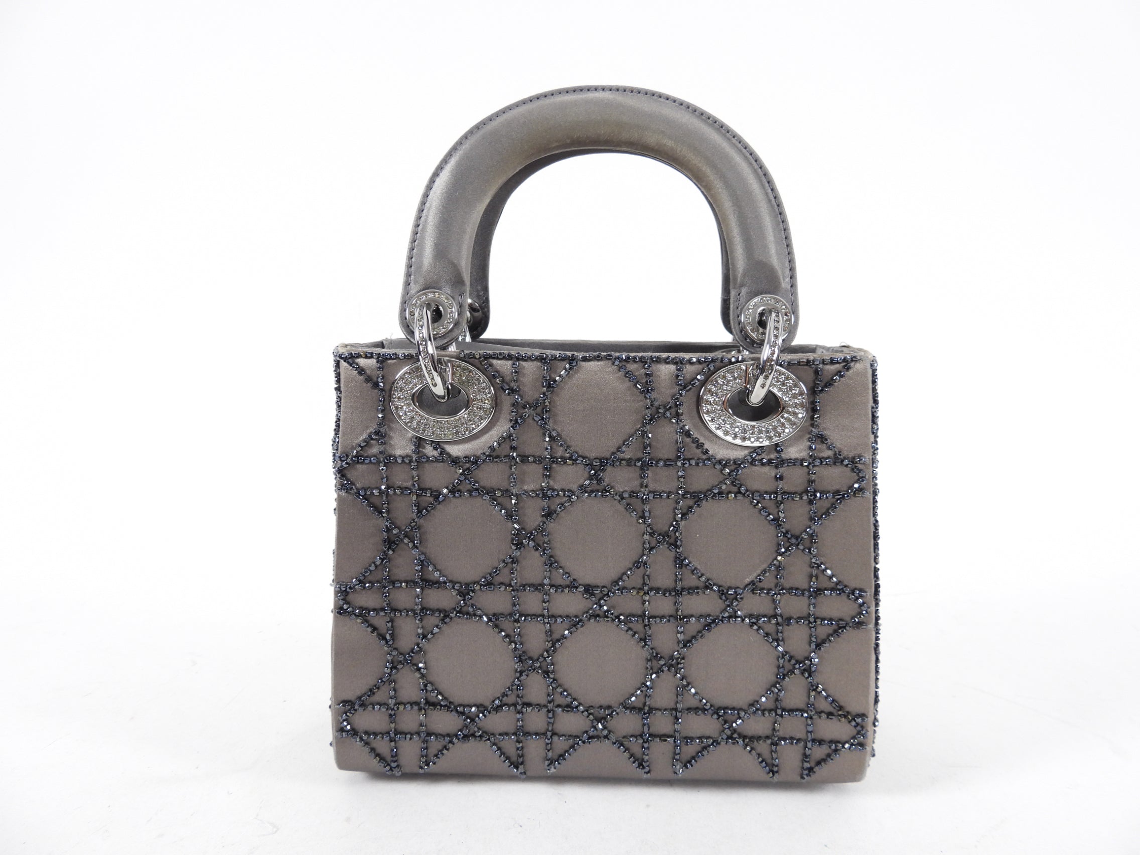 Dior Vintage Grey Satin Mini Beaded Strass Crystal Lady Dior Bag