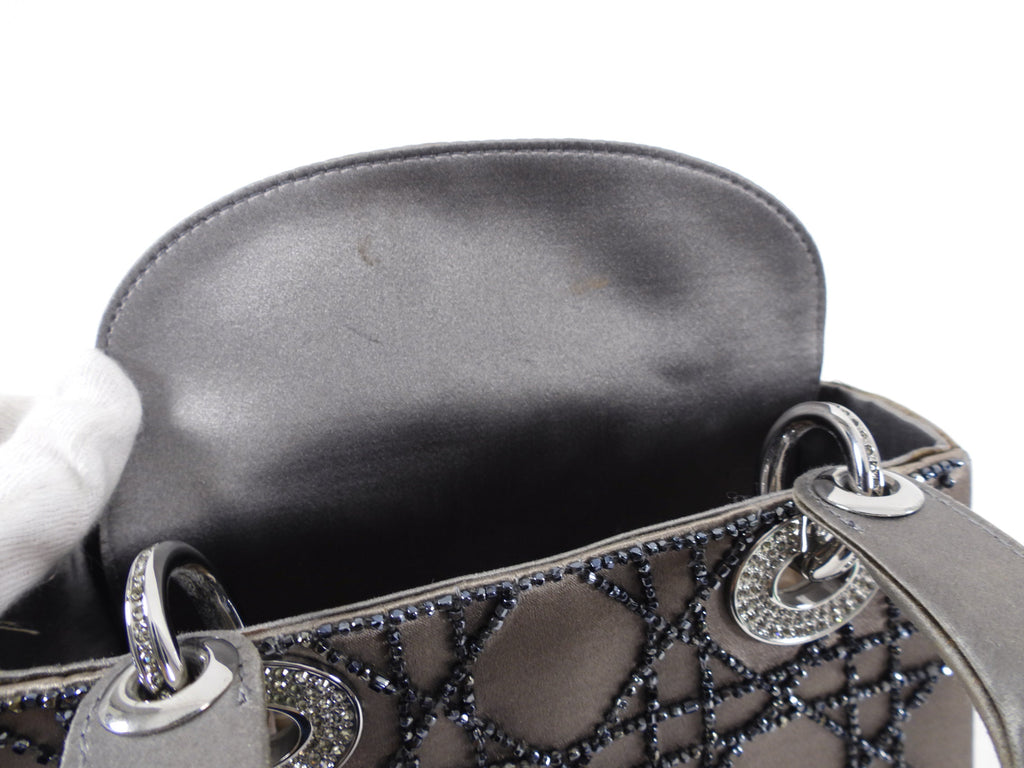 Dior Vintage Grey Satin Mini Beaded Strass Crystal Lady Dior Bag
