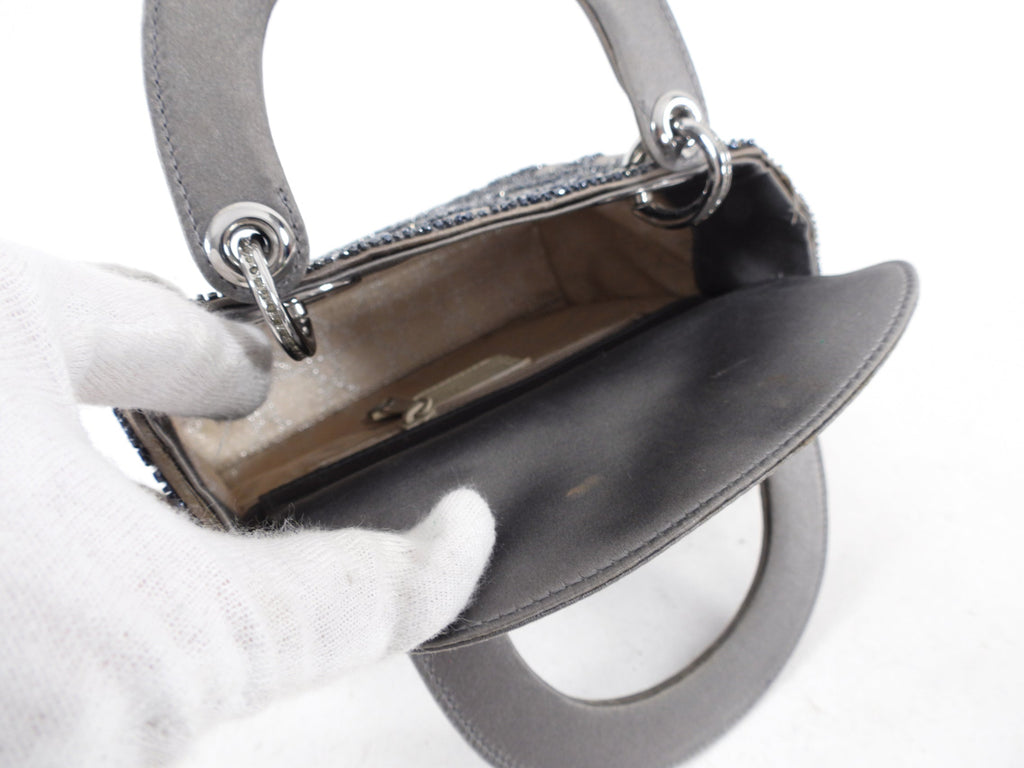 Dior Vintage Grey Satin Mini Beaded Strass Crystal Lady Dior Bag