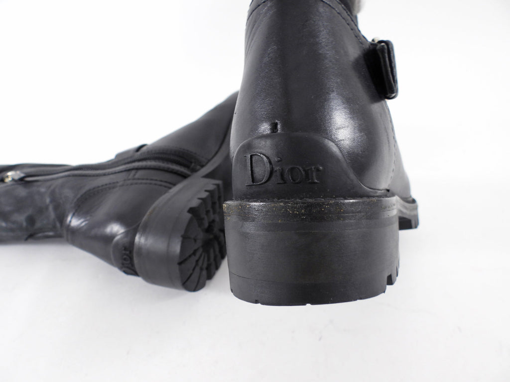Christian Dior Black Stretch Nappa CD Quilted Moto Boots - 34.5