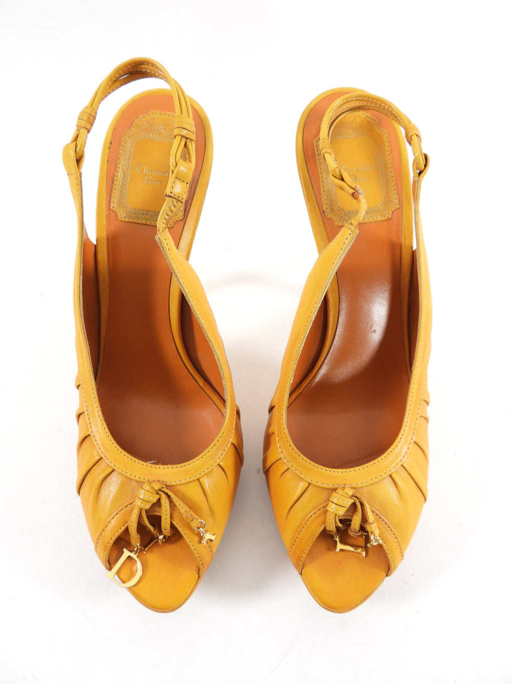 Christian Dior Mustard Yellow Leather Peep Toe Slingback Heels - 8.5