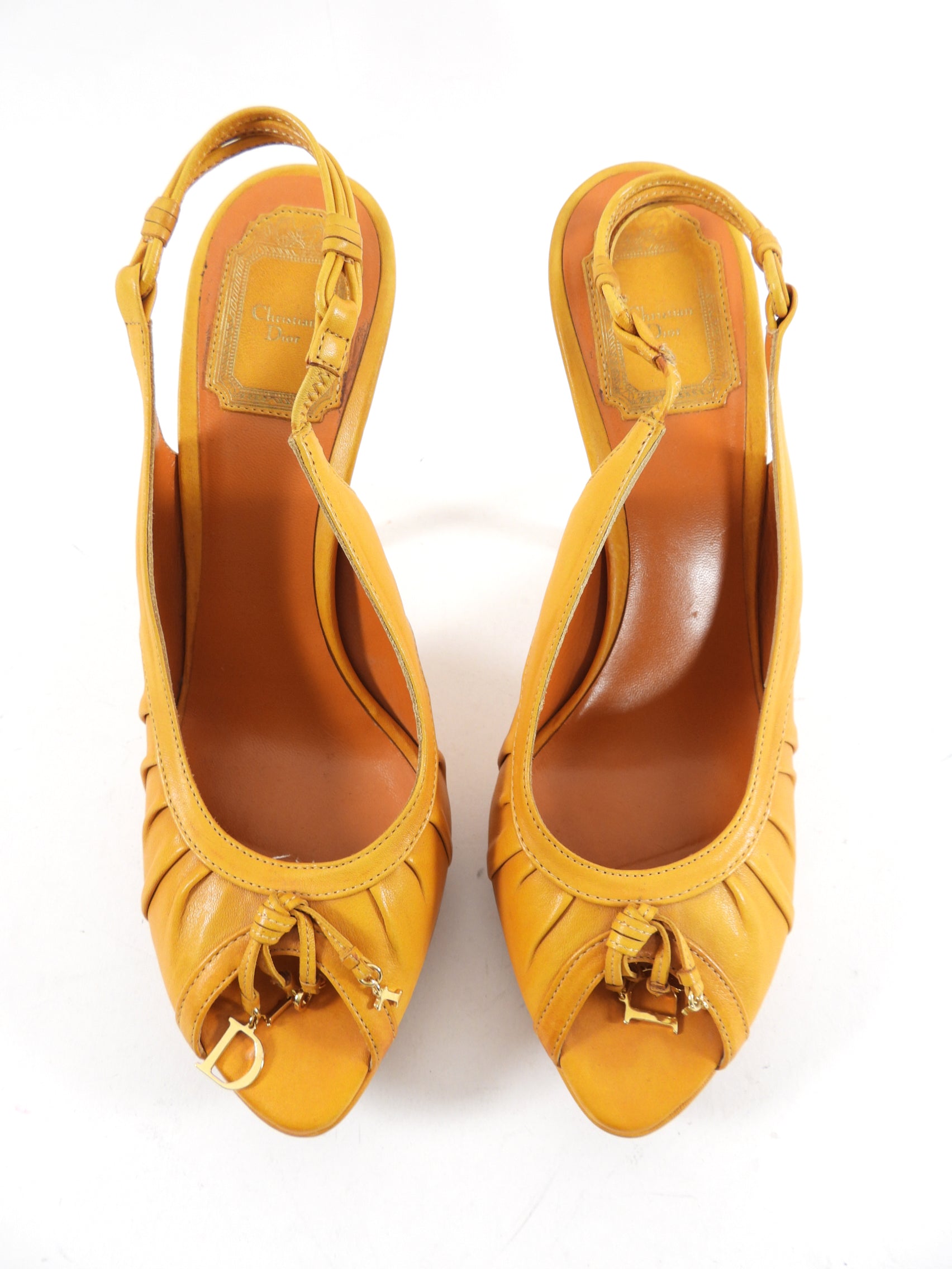 Christian Dior Mustard Yellow Leather Peep Toe Slingback Heels - 8.5