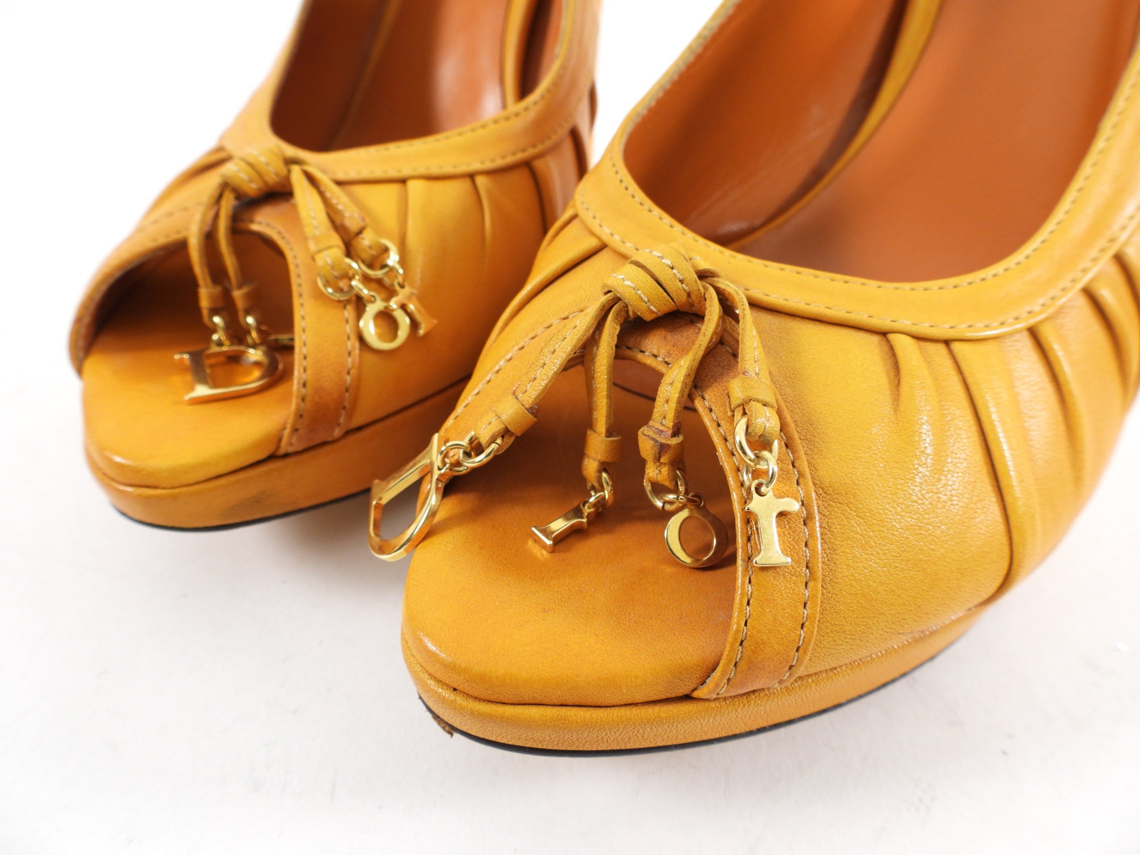 Christian Dior Mustard Yellow Leather Peep Toe Slingback Heels - 8.5