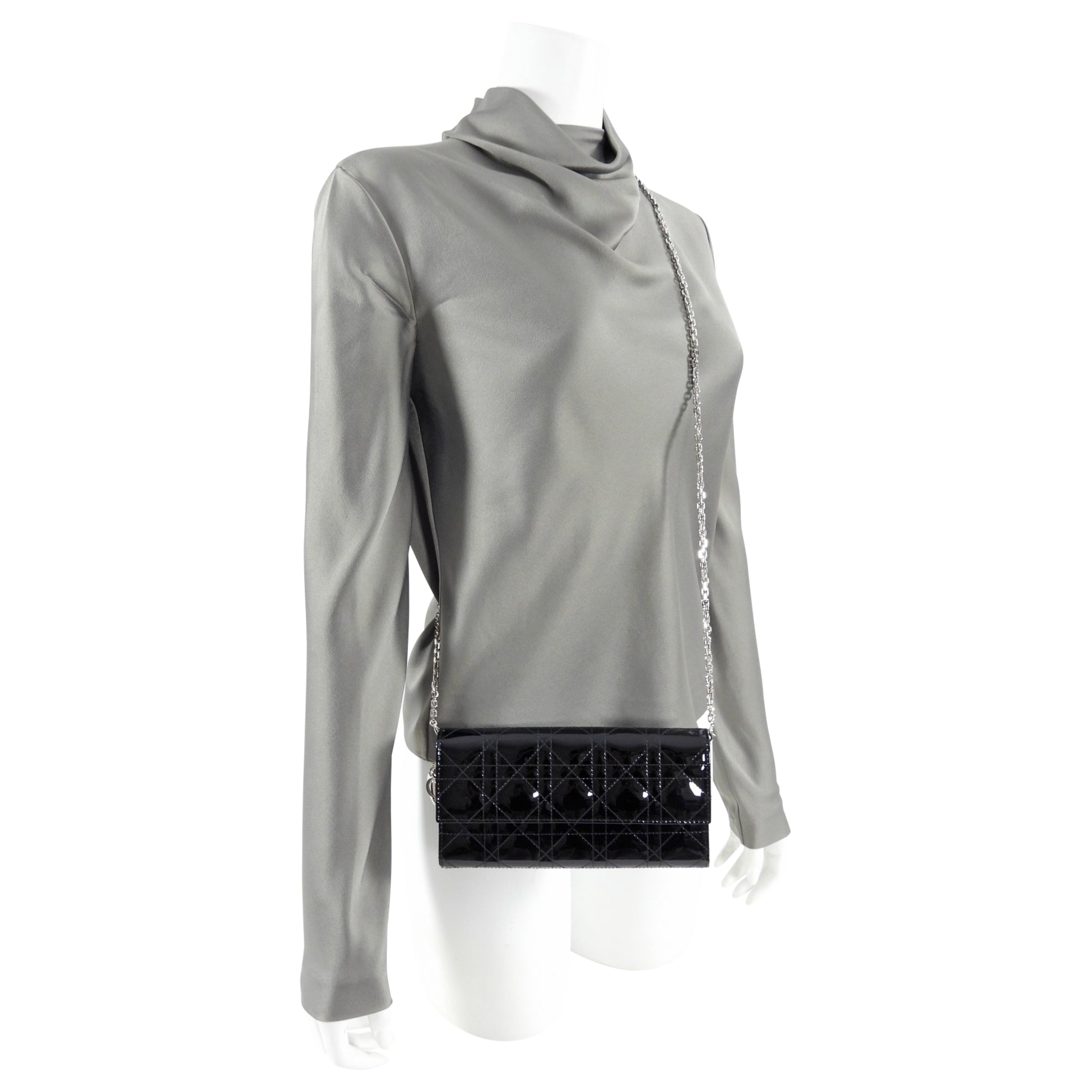 Dior Black Patent Cannage Lady Dior WOC Wallet on Chain