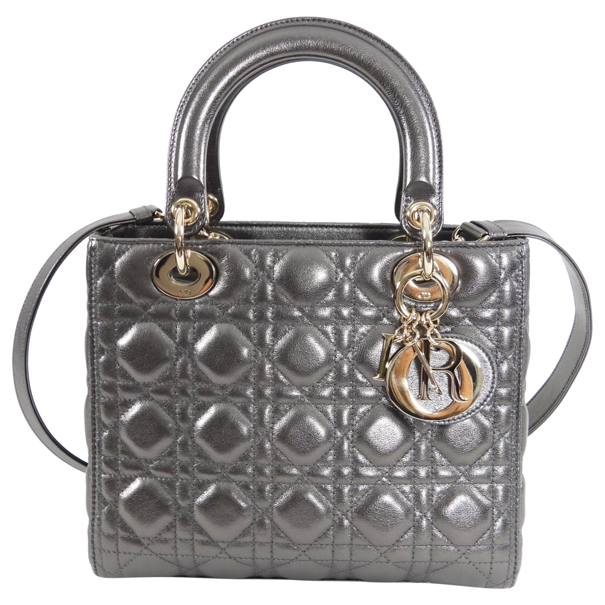 Dior Lady Dior Medium Pewter Metallic Cannage Bag with Strap