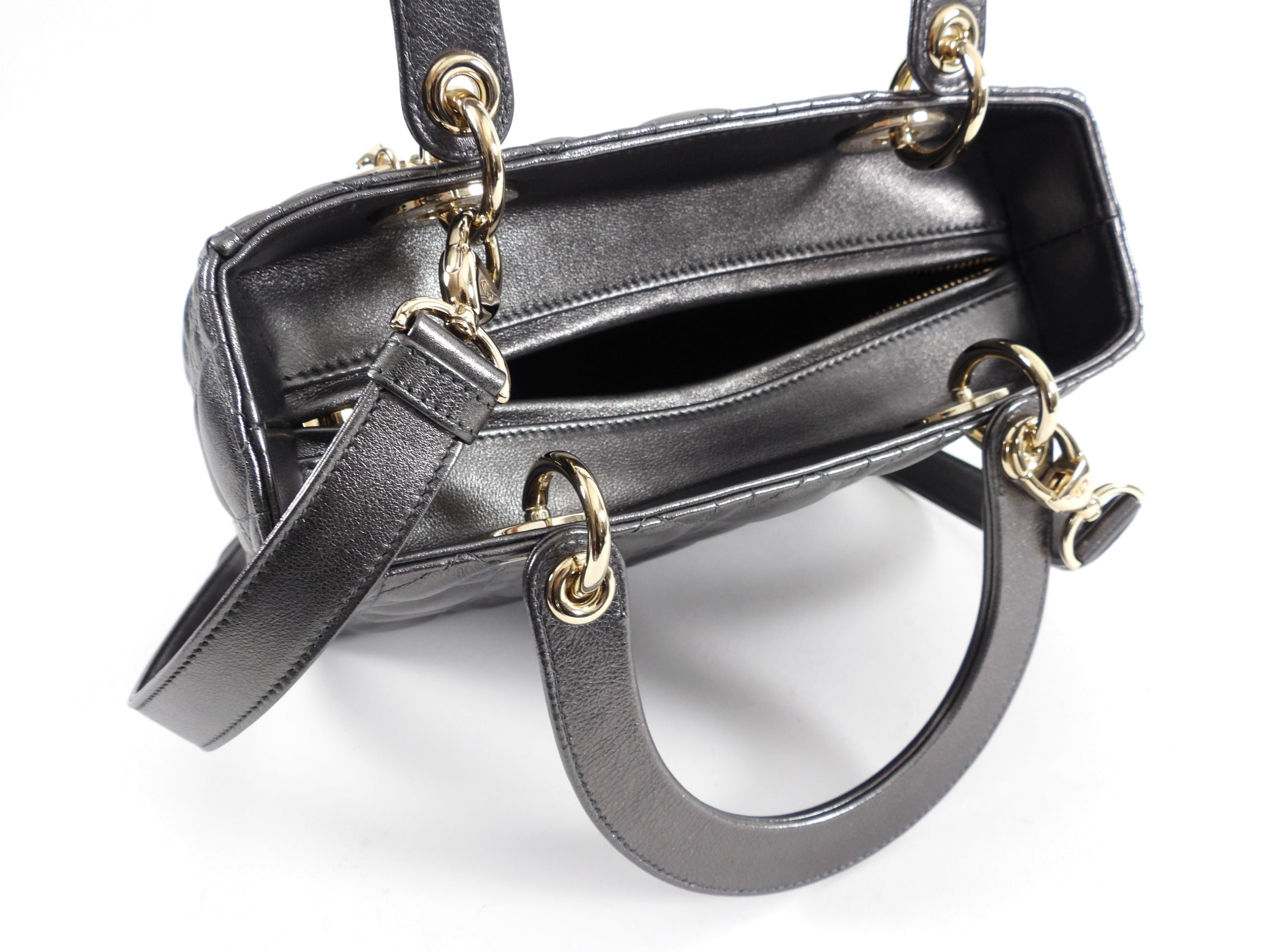 Dior Lady Dior Medium Pewter Metallic Cannage Bag with Strap