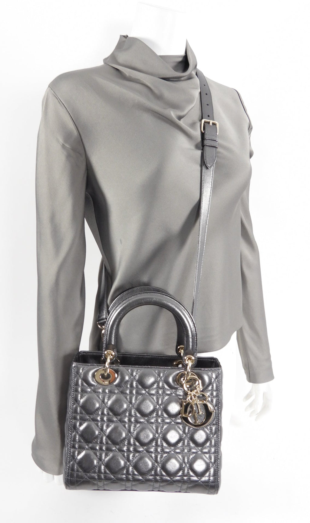 Dior Lady Dior Medium Pewter Metallic Cannage Bag with Strap