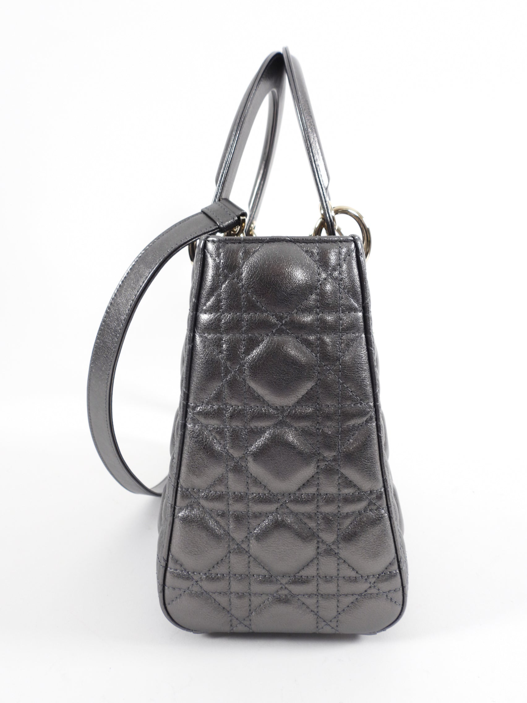 Dior Lady Dior Medium Pewter Metallic Cannage Bag with Strap