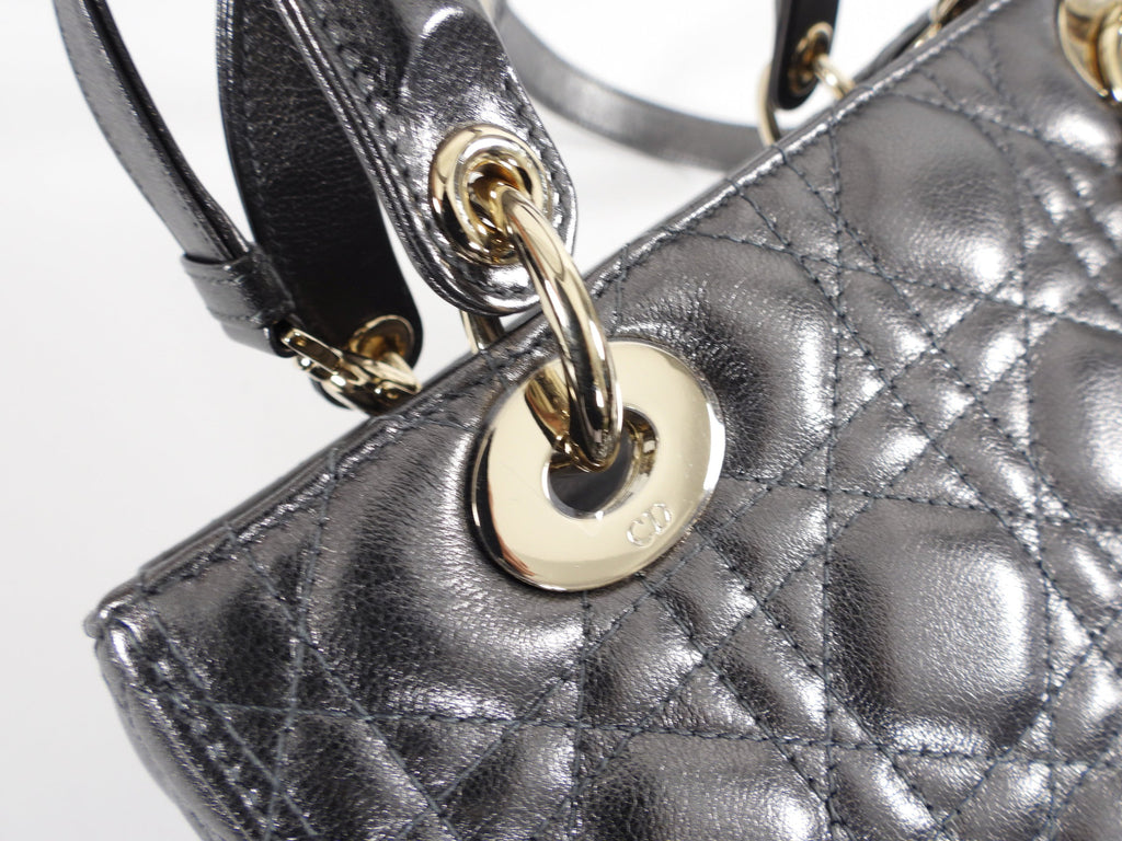 Dior Lady Dior Medium Pewter Metallic Cannage Bag with Strap