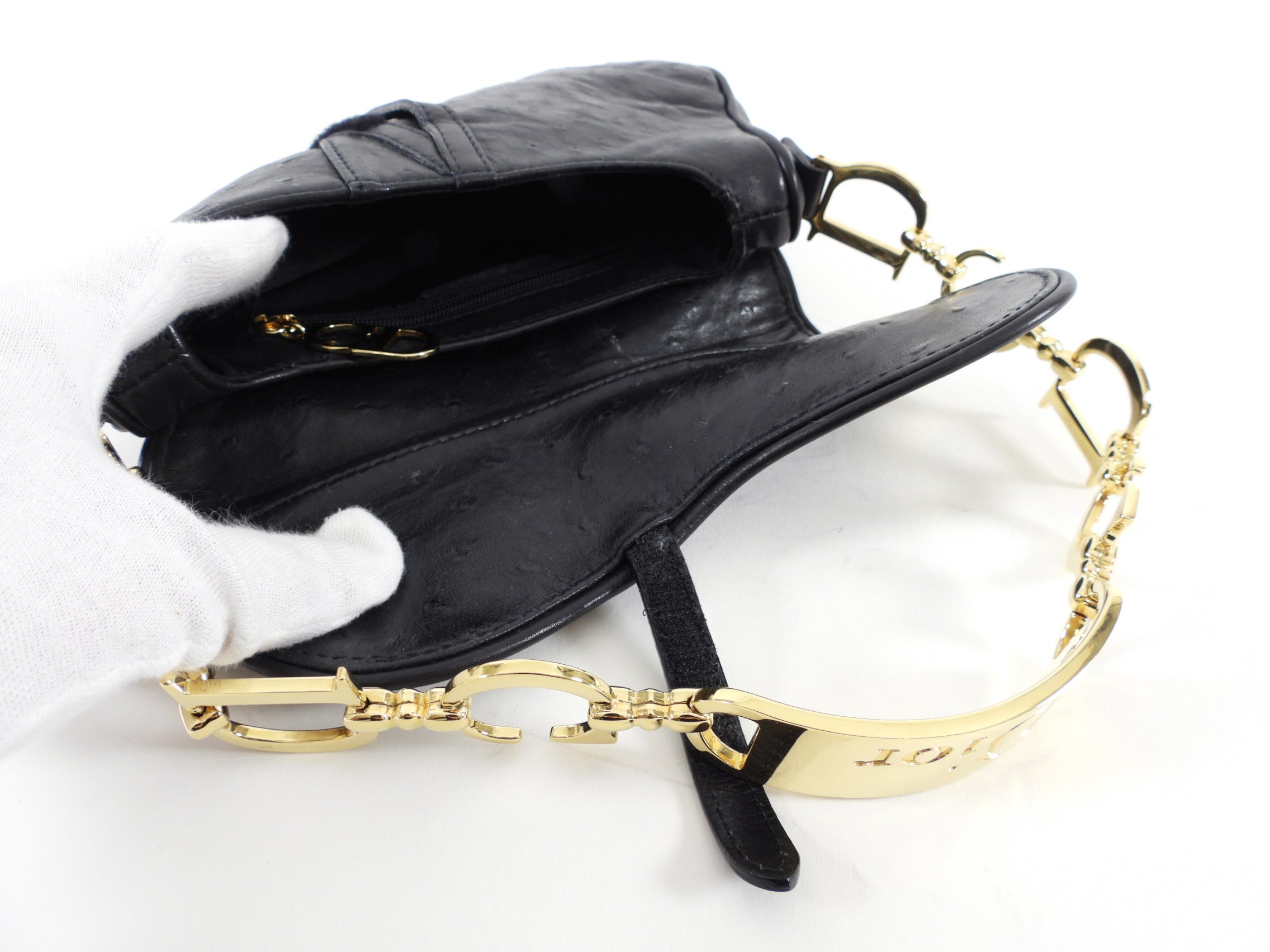 Christian Dior Vintage Galliano Black Ostrich Mini Saddle Bag