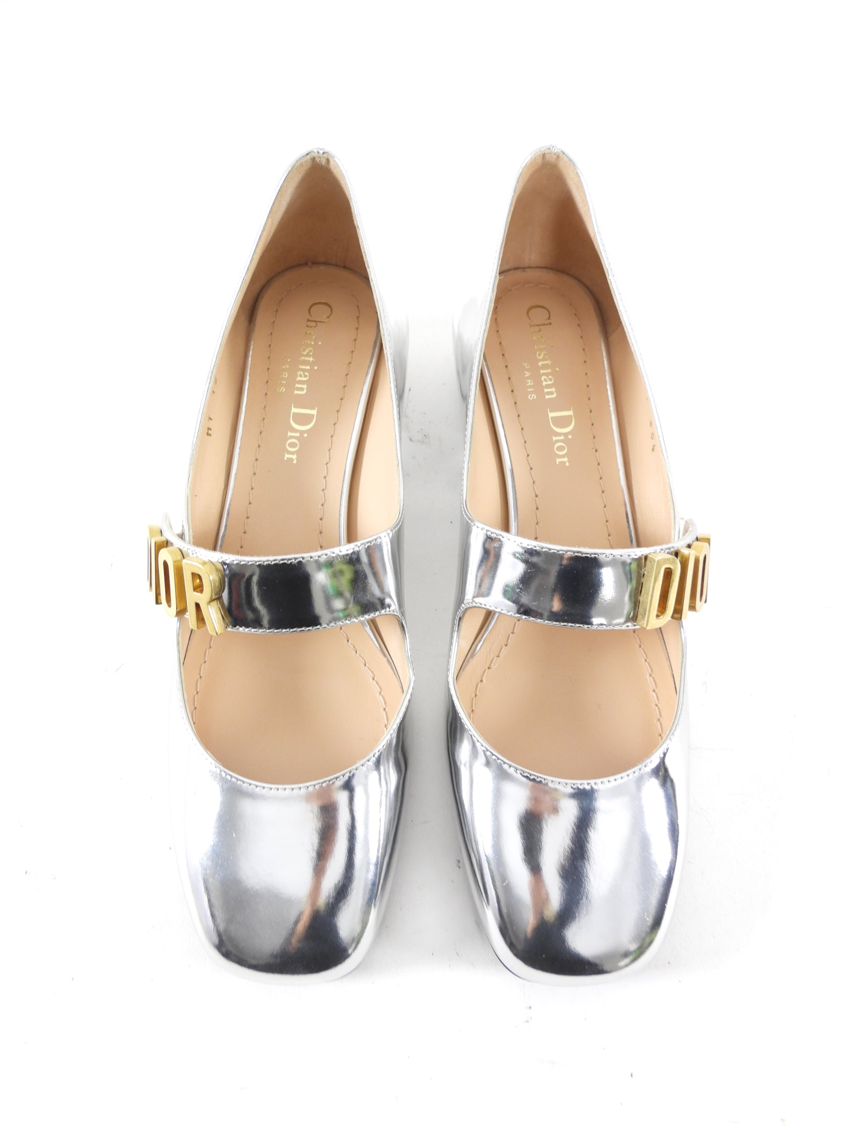 Christian Dior Silver Metallic Baby D Block Heel Mary Jane Shoes - 35.5