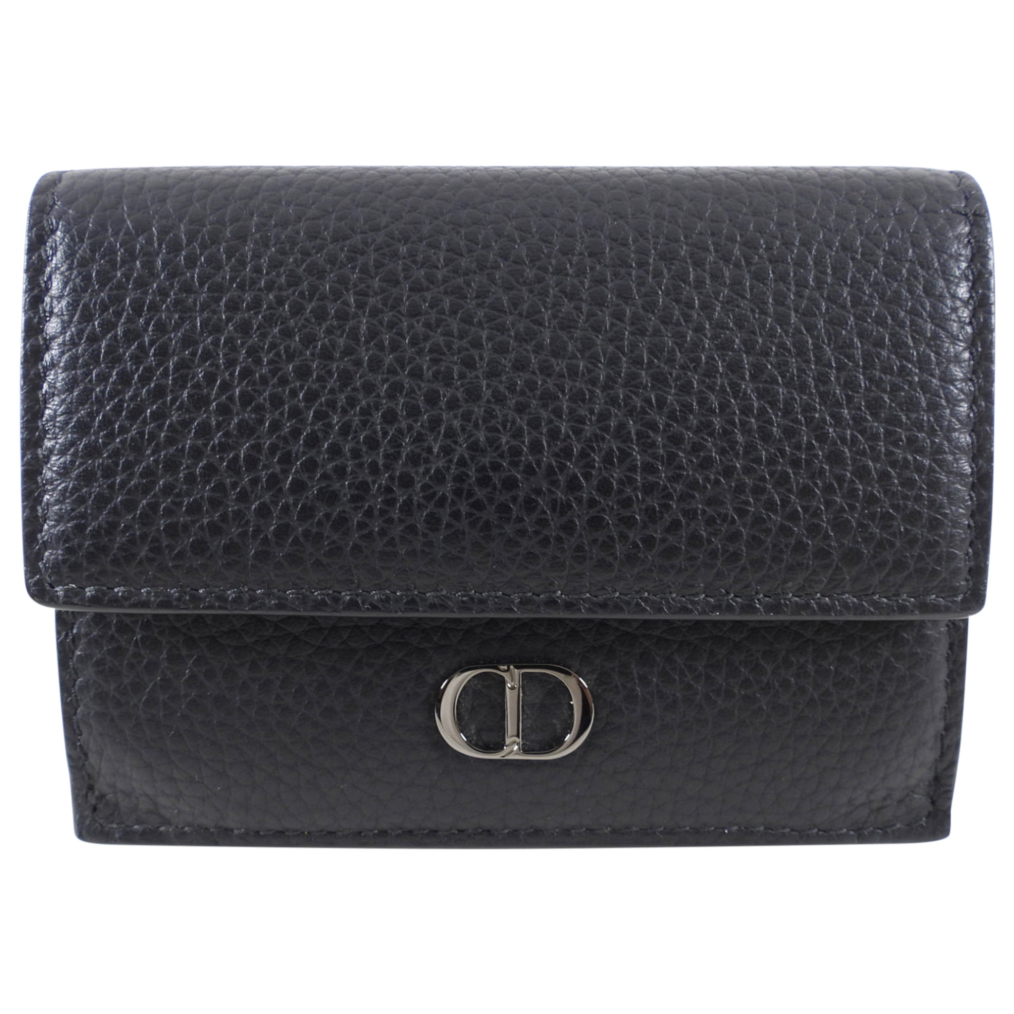 Christian Dior CD Icon Black Grained Leather Trifold Compact Wallet