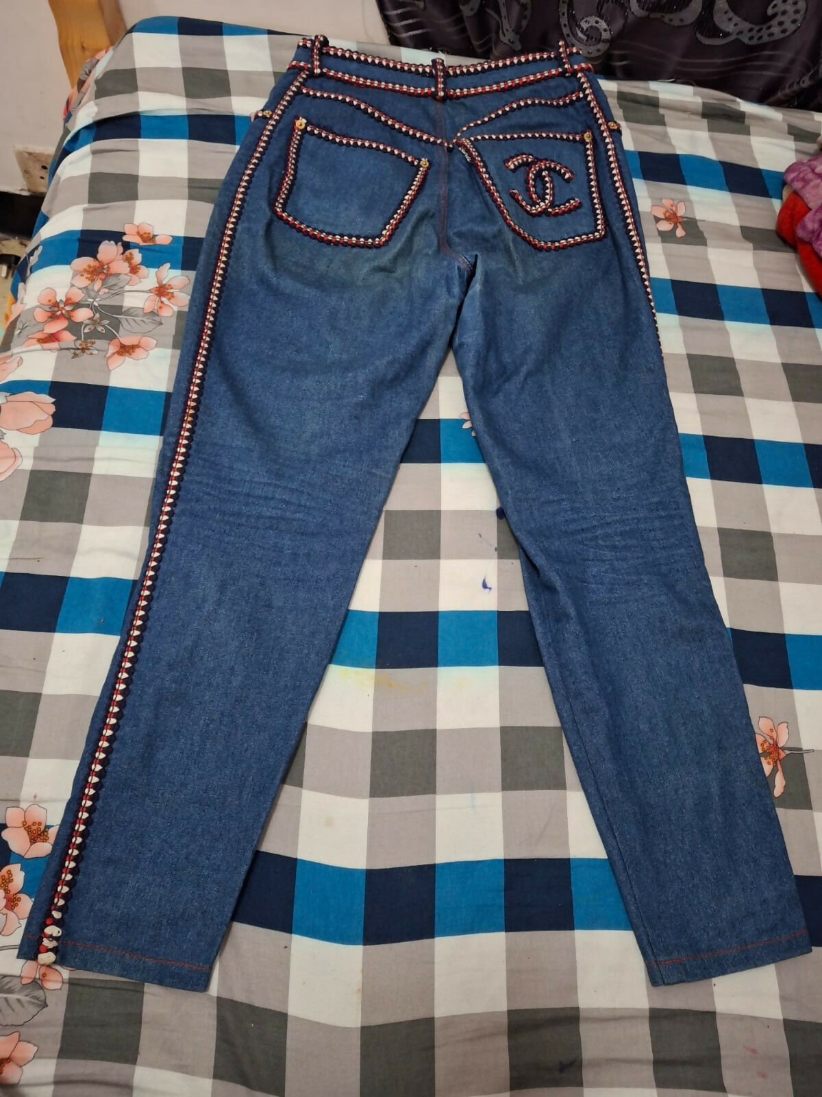 Chanel Vintage braided-trim straight-leg jeans