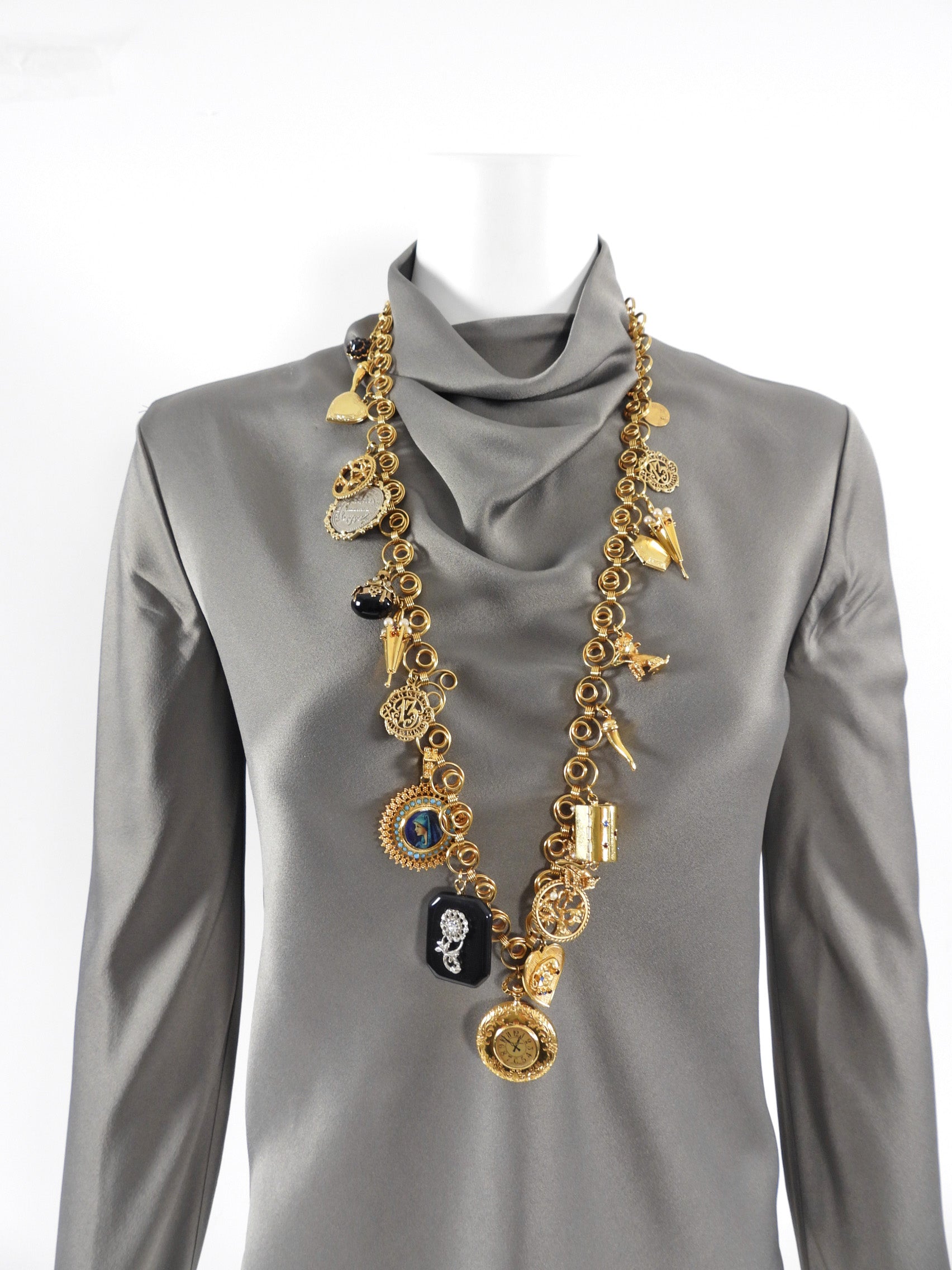 Dolce & Gabbana Gold Long Chain Antique Charm Runway Necklace