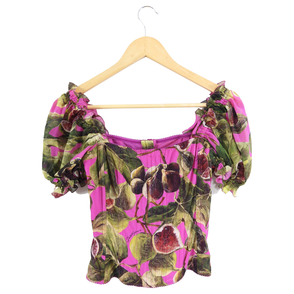 Dolce & Gabbana Pink and Green Silk Fig Print Corset Top - IT38 / 2 / XS