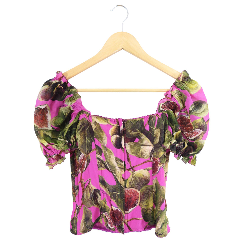 Dolce & Gabbana Pink and Green Silk Fig Print Corset Top - IT38 / 2 / XS