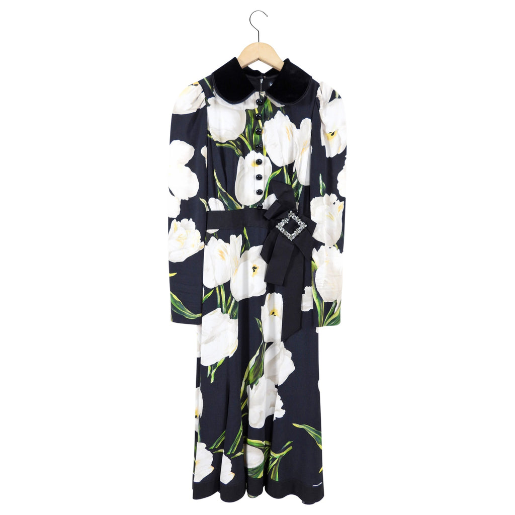 Dolce & Gabbana Black White Floral Midi Dress with Velvet Collar - IT38 / USA 2