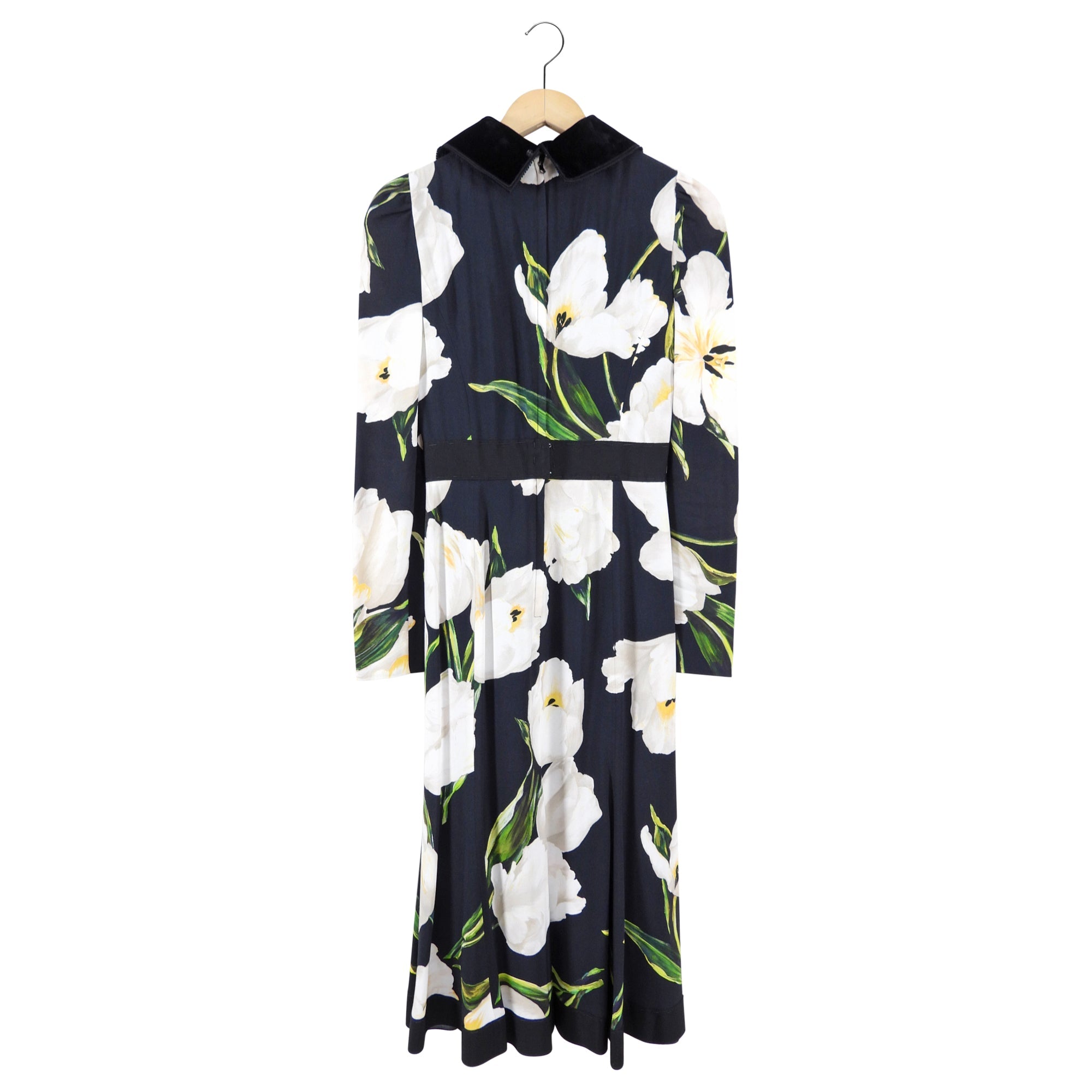 Dolce & Gabbana Black White Floral Midi Dress with Velvet Collar - IT38 / USA 2