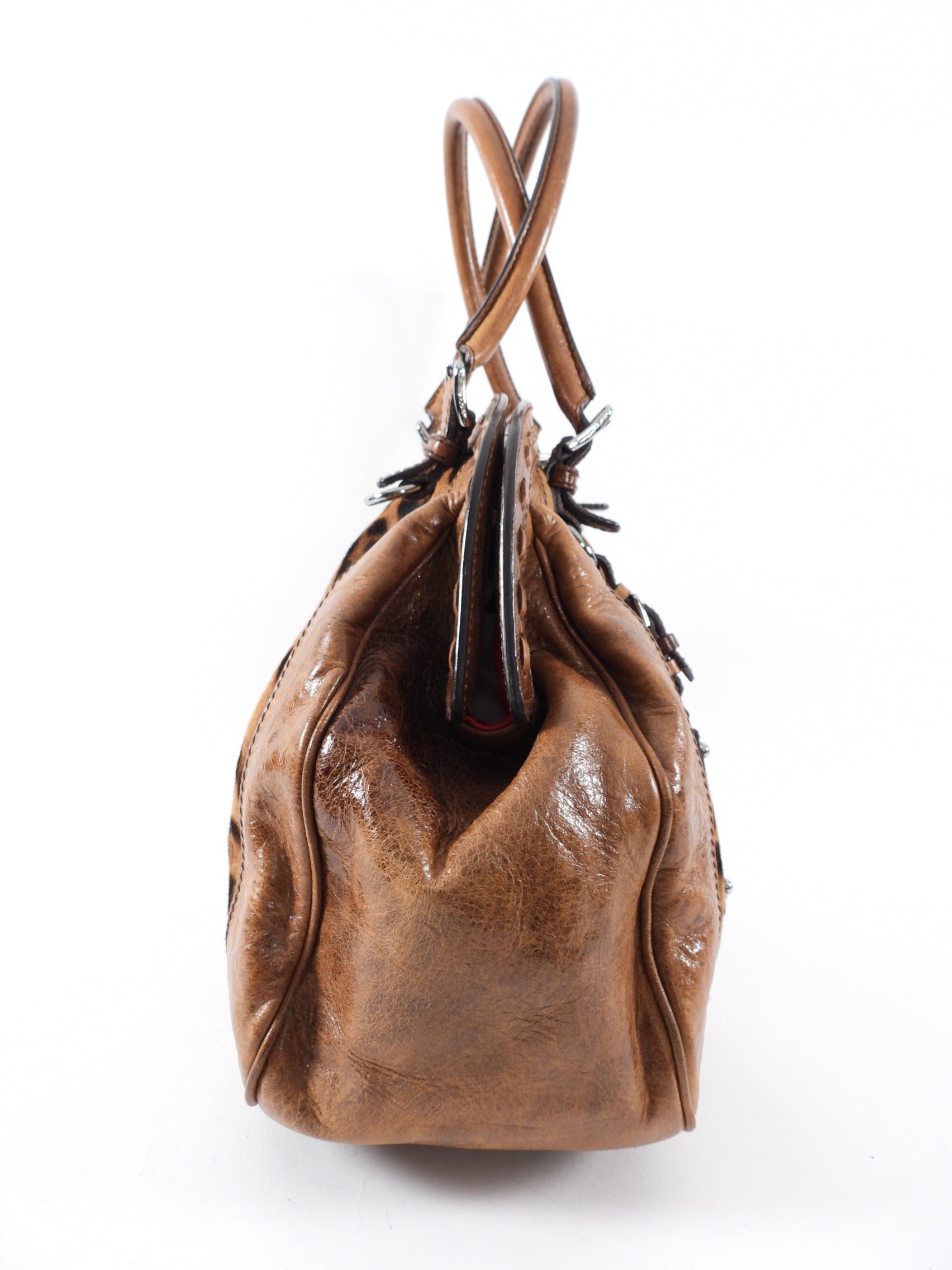 Dolce Gabanna Brown Leather Leopard Calf Bowler Bag