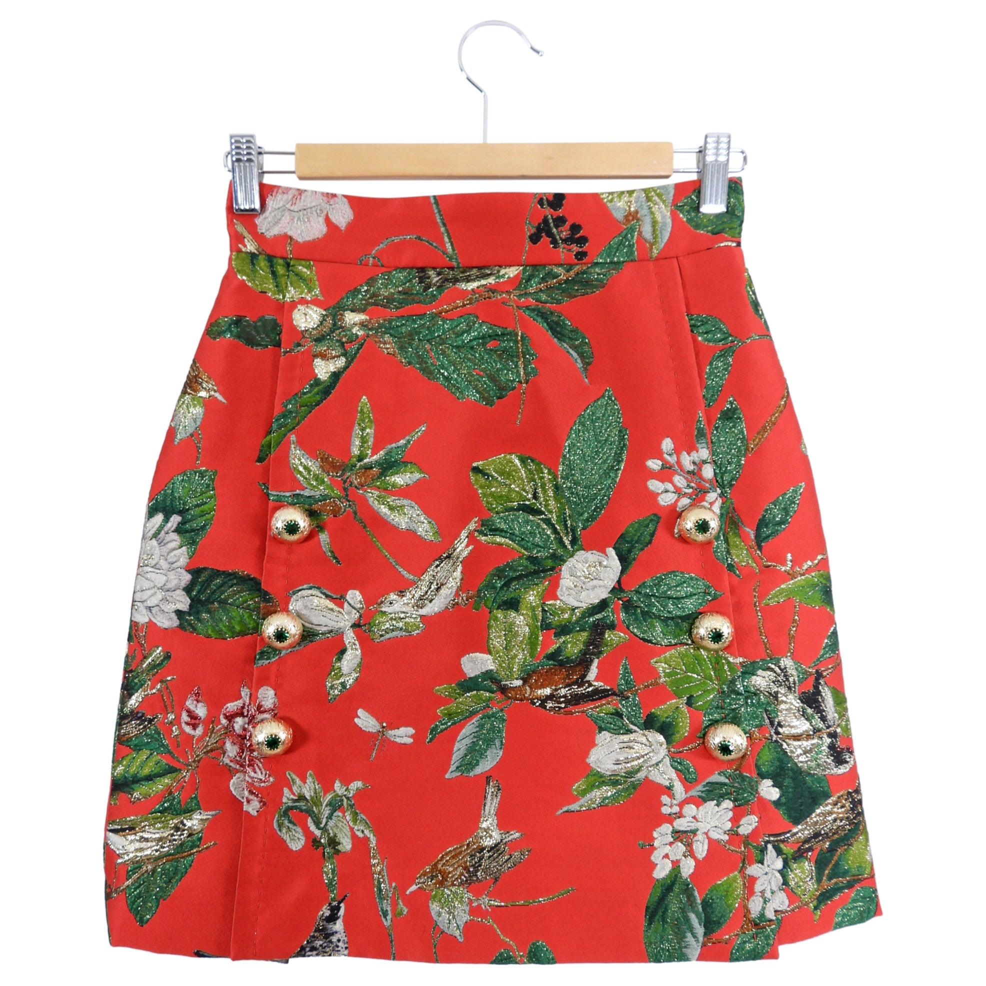 Dolce & Gabbana Red Green Gold Brocade Birds Mini Skirt - IT38 / 2 XS