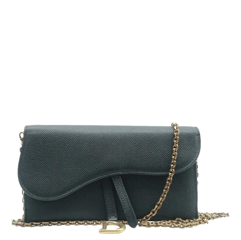 CHRISTIAN DIOR Long Saddle Leather Crossbody Chain Wallet Black