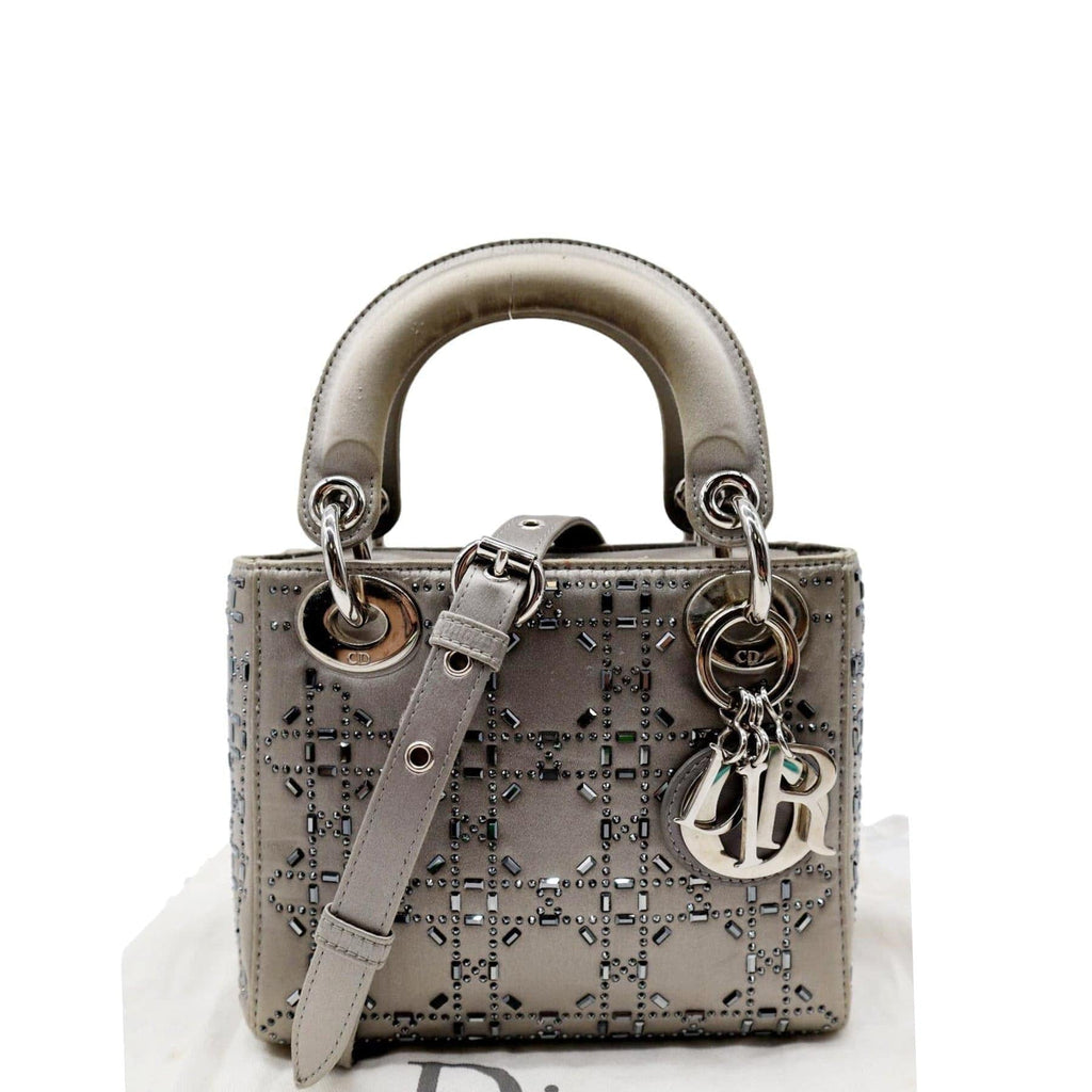 CHRISTIAN DIOR Mini Lady Dior Crystal Embellished Satin Shoulder Bag Gray