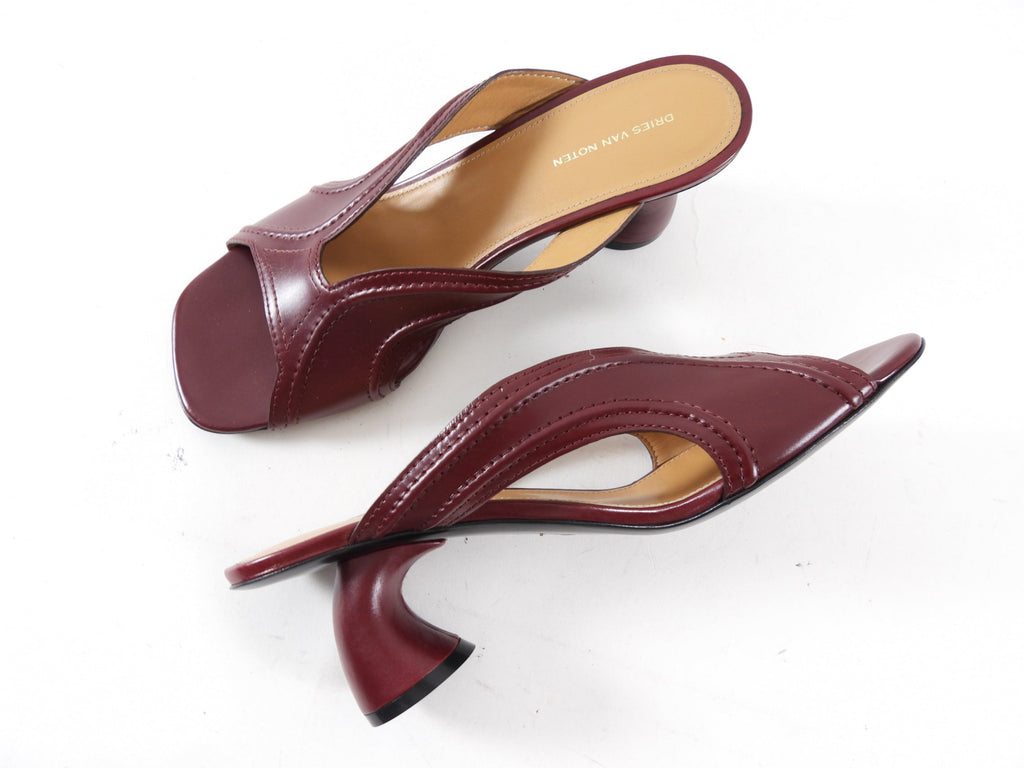 Dries Van Noten Burgundy Leather Curved Heel Mules - 40